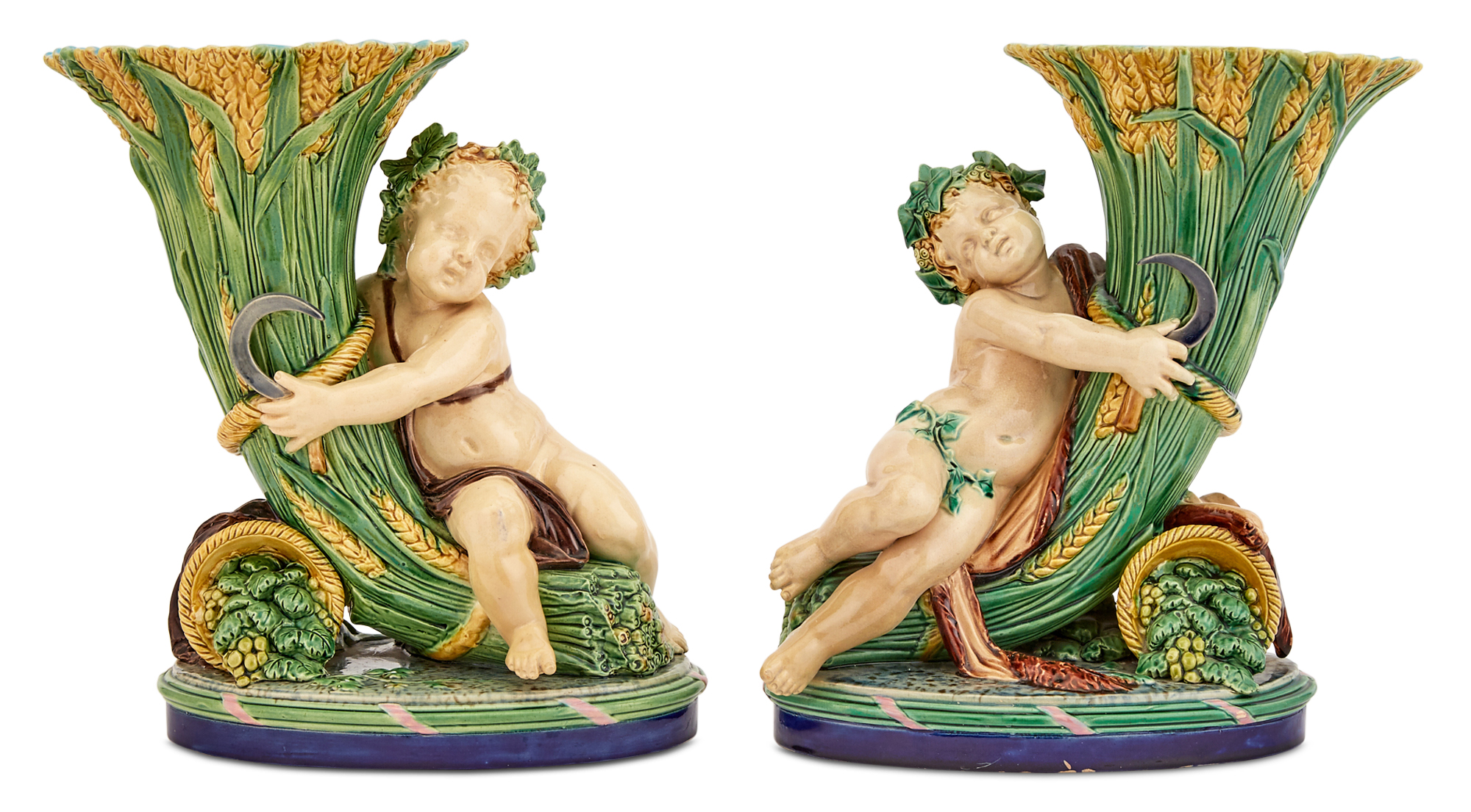 Lot image - Pair of Minton & Co. Majolica Bacchanalian Figural Cornucopia Vases Emblematic of Abundance