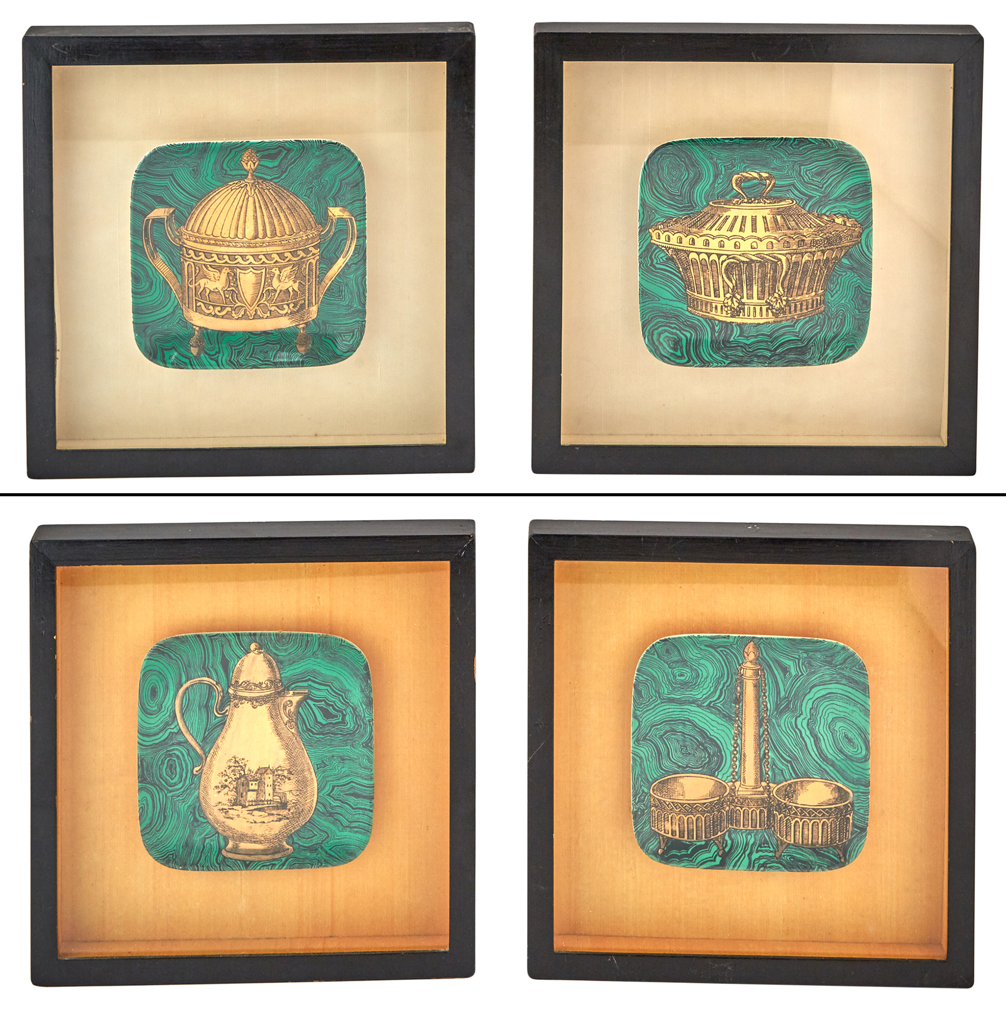 Lot image - Set of Four Framed Piero Fornasetti Transfer-Printed Porcelain Cabinet Plates