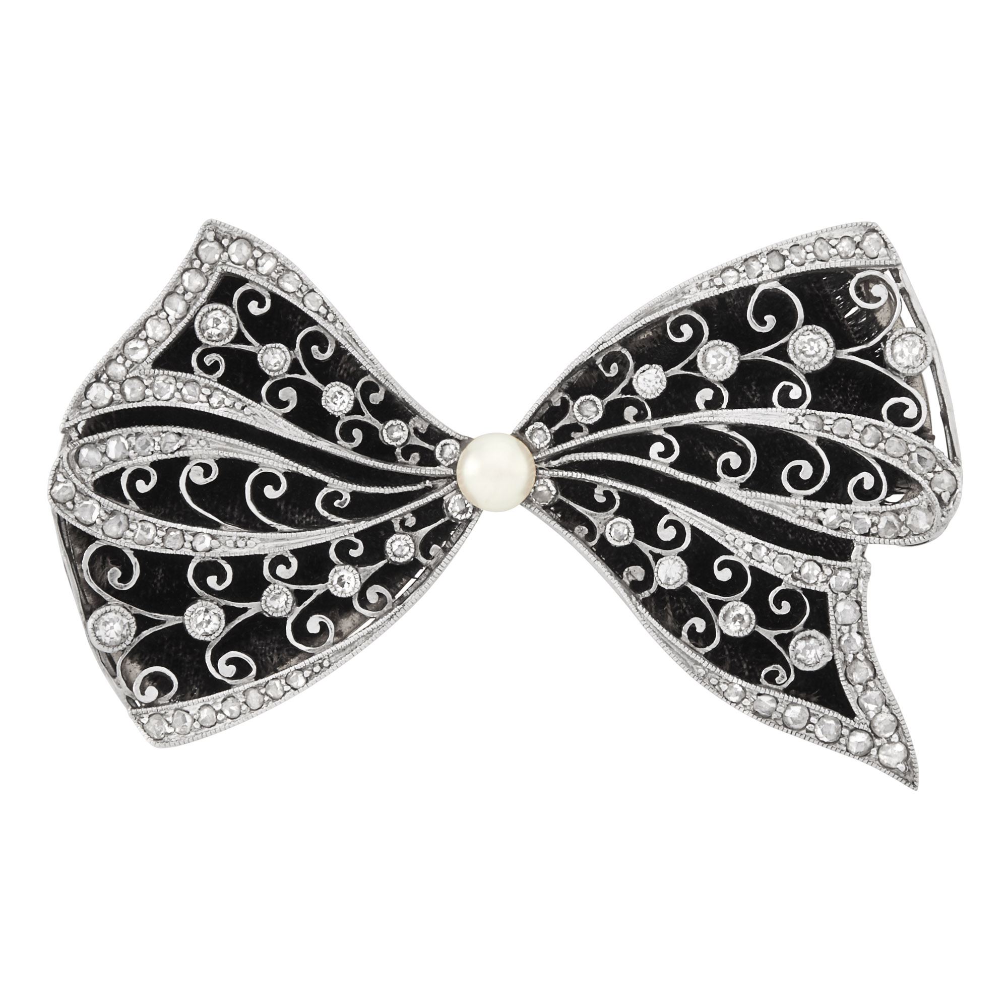 Lot image - Edwardian Platinum-Topped Gold, Diamond, Pearl and Ribbon Bow Brooch