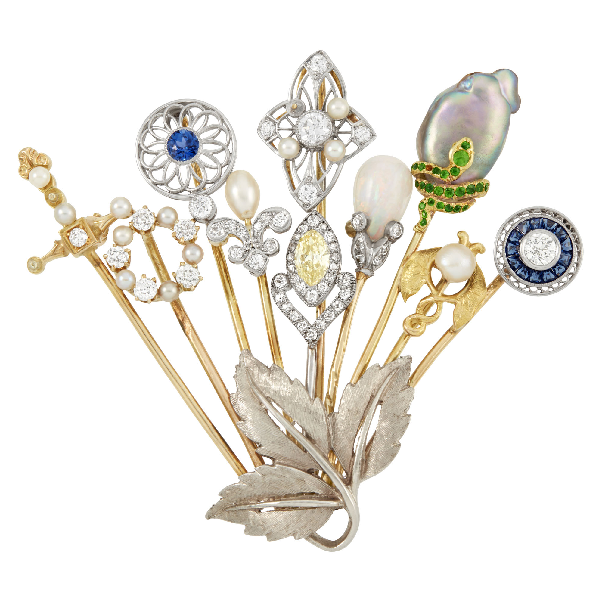 Lot image - Gold, Platinum, Colored Diamond and Gem-Set Stick-Pin Brooch