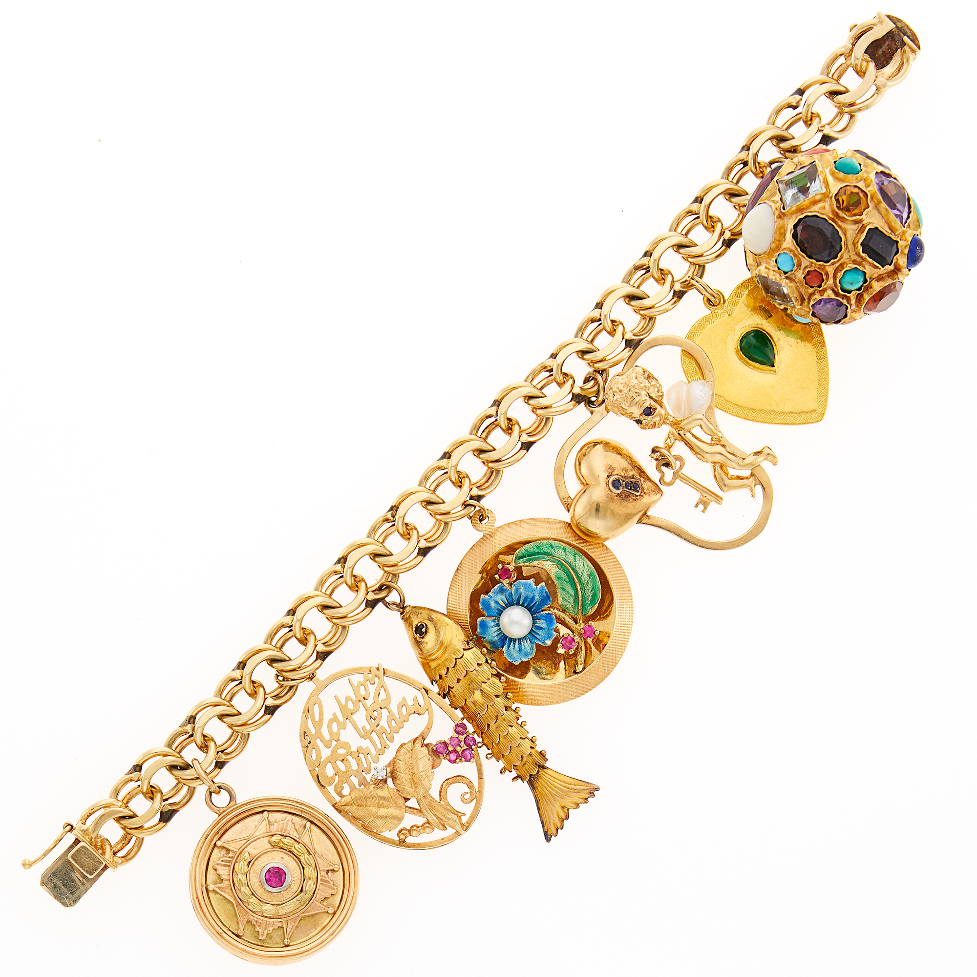 Lot image - Gold, High Karat Gold, Gem-Set and Enamel Charm Bracelet