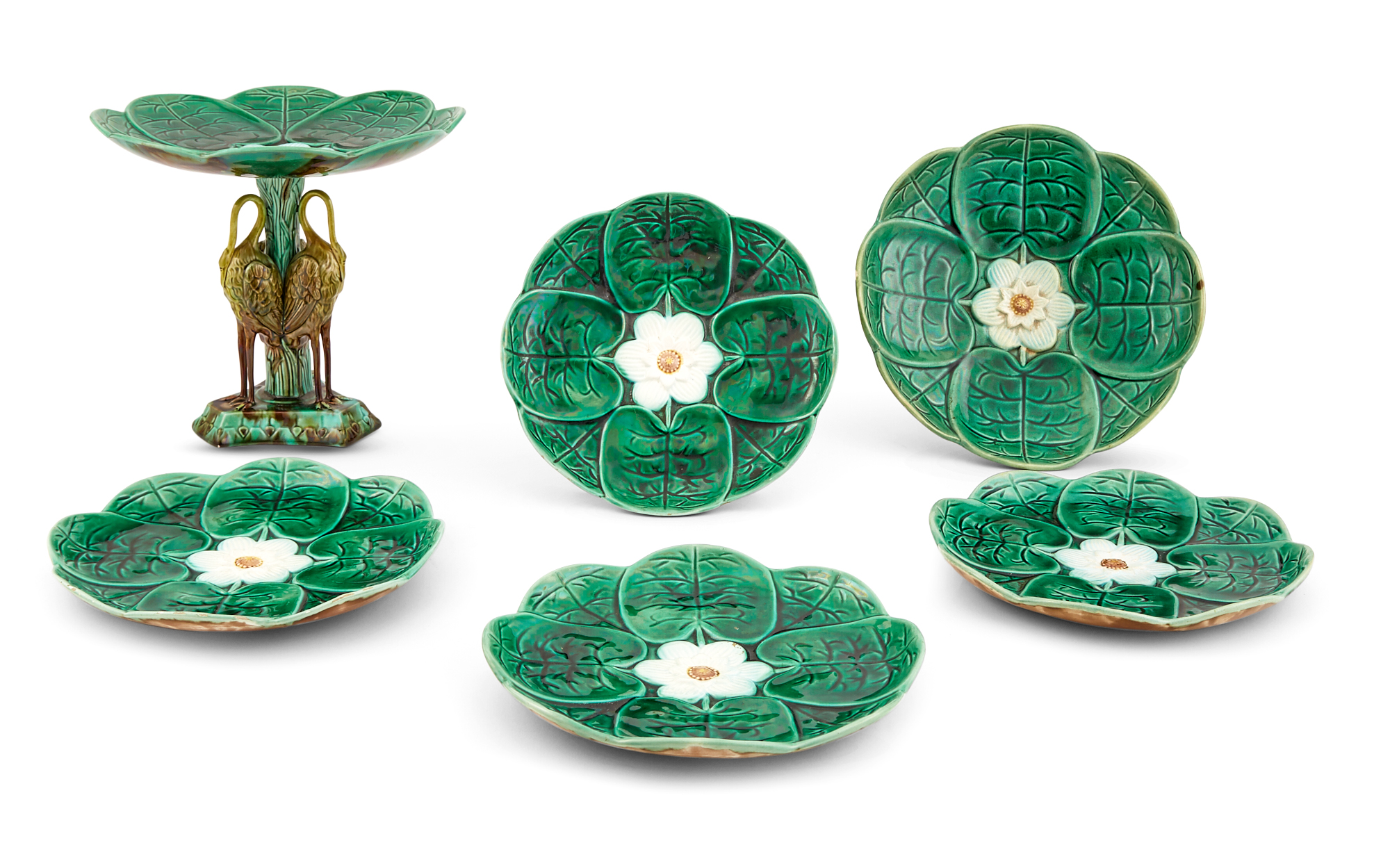 Lot image - English Majolica Lily Pad and Stork Compote