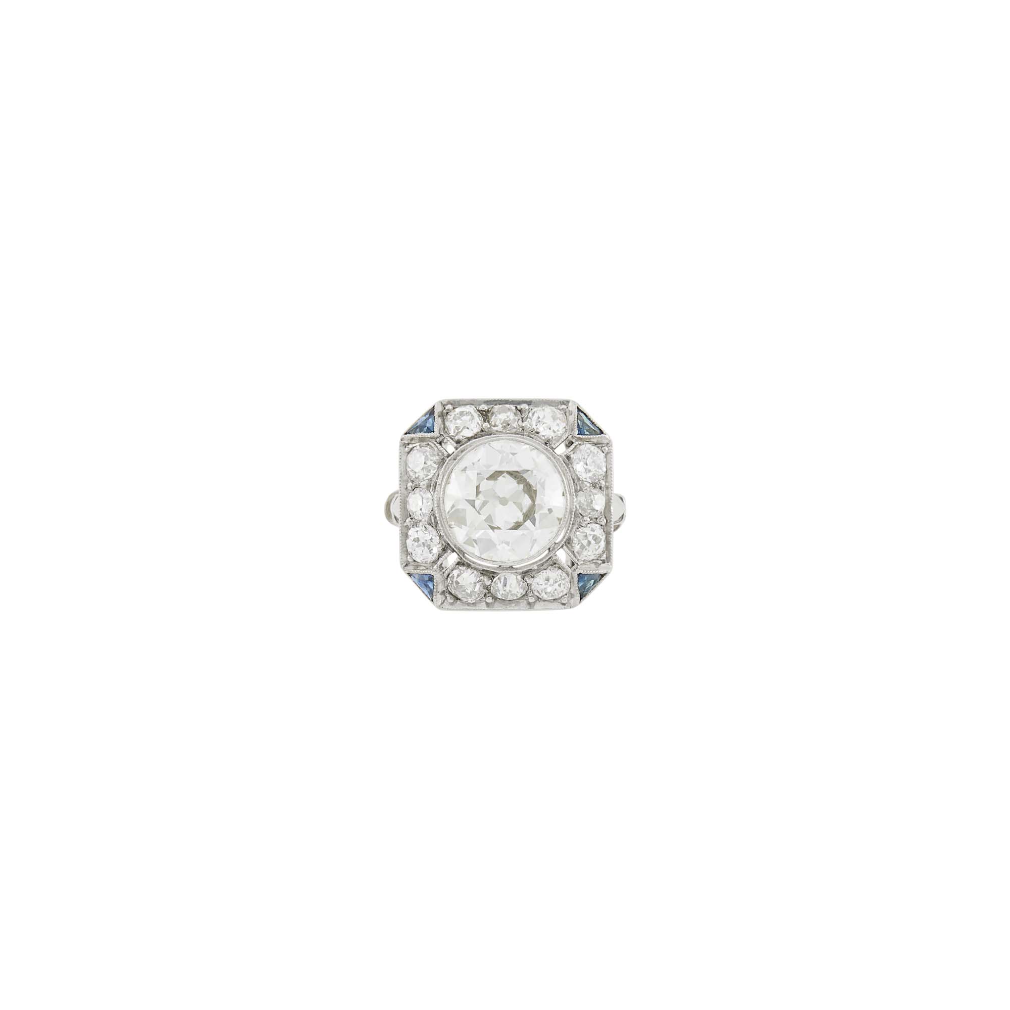 Lot image - Platinum, Diamond and Sapphire Ring