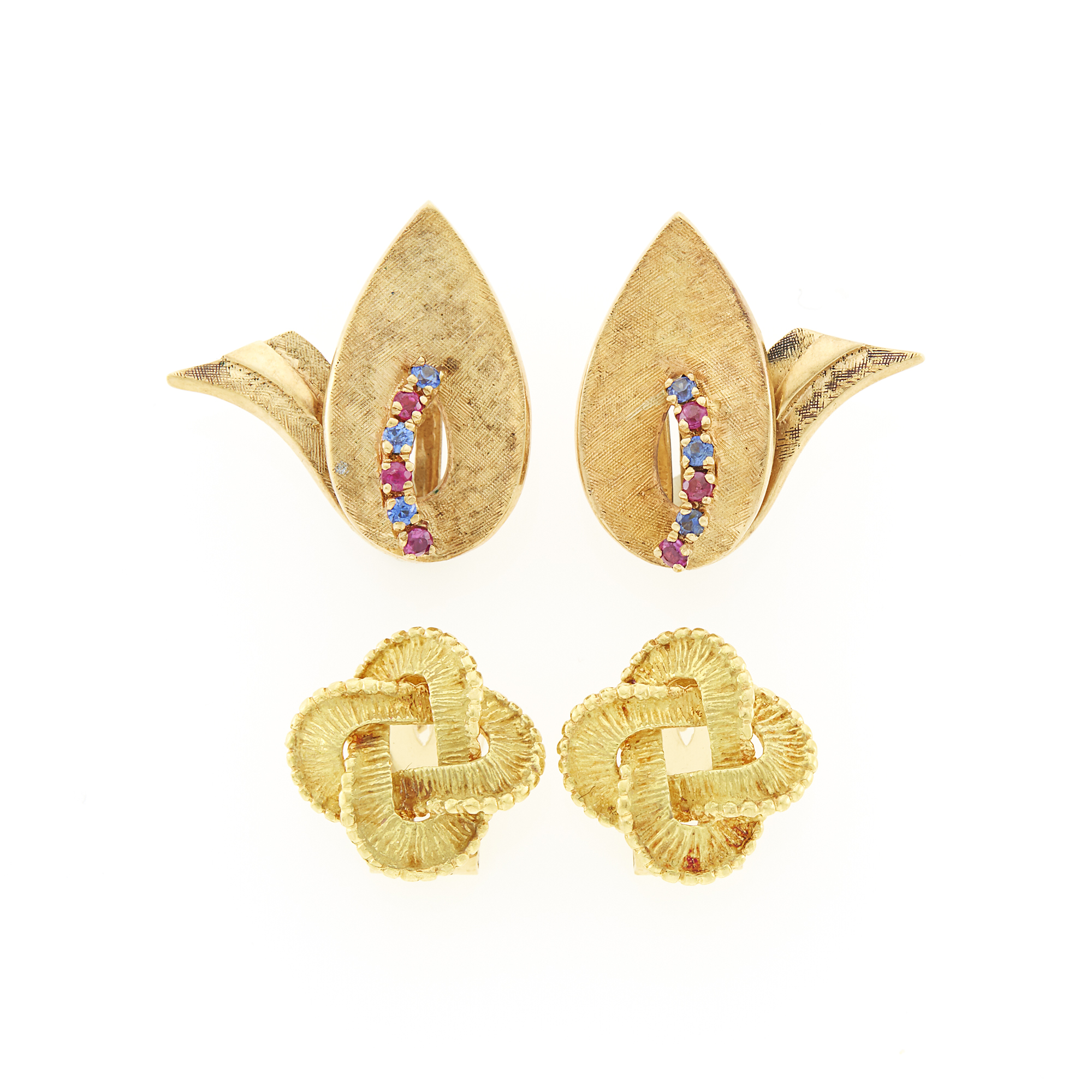 Lot image - Tiffany & Co. Pair of Gold Knot Earrings, France, and Pair of Gold, Sapphire and Ruby Earclips