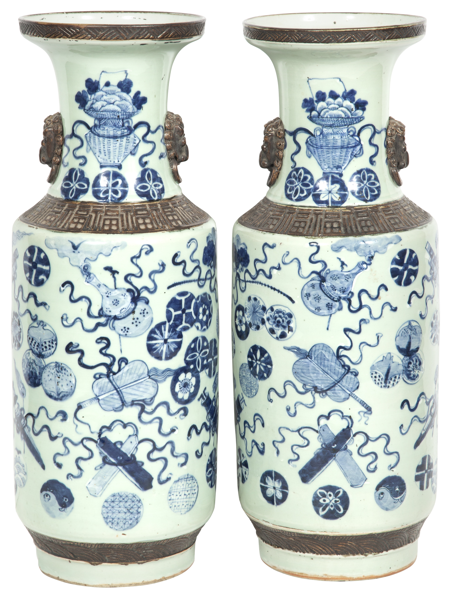 Lot image - Pair of Chinese Blue and White Celadon Ground Porcelain Vases