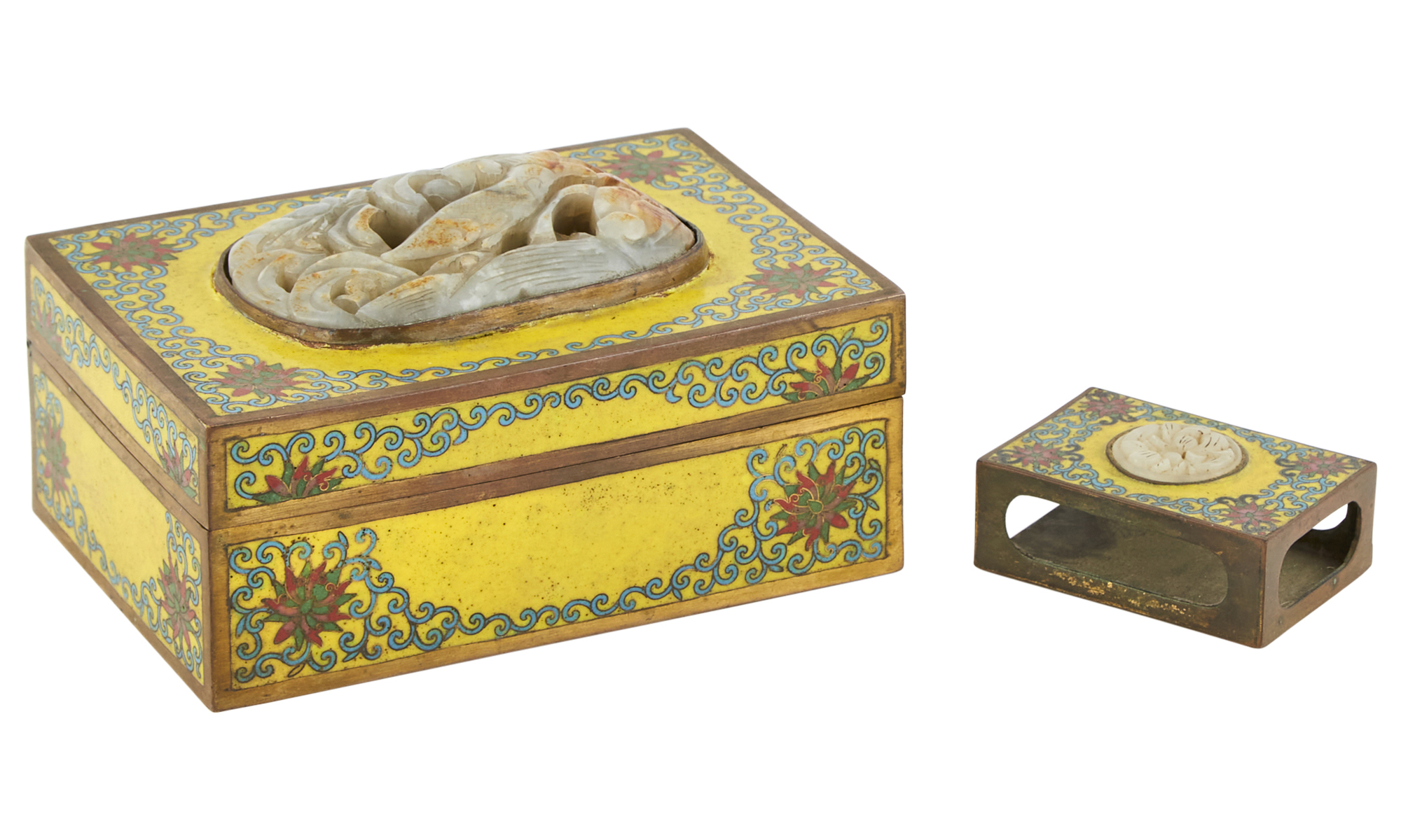 Lot image - A Chinese Jade-Inset Cloisonne Enamel Box and Match Safe