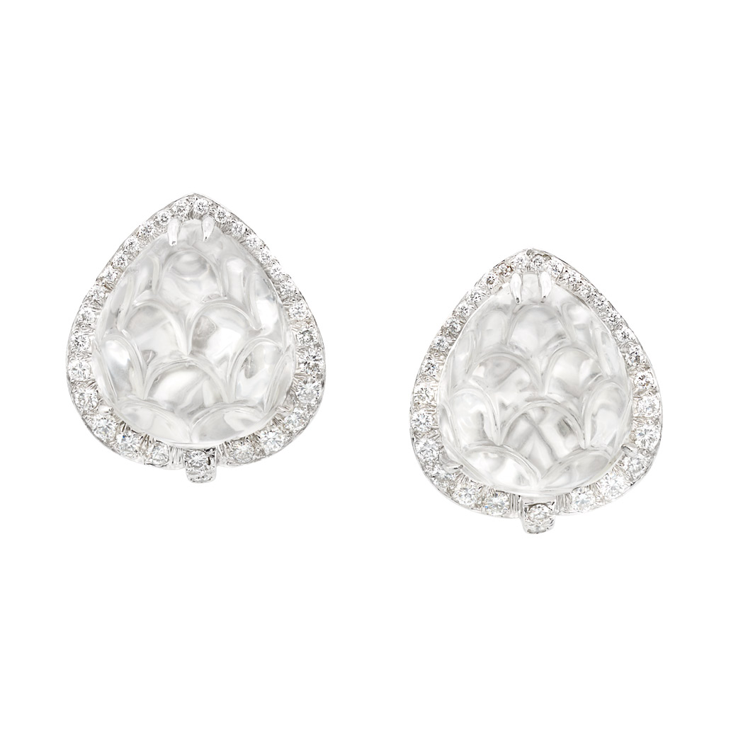 Lot image - Pair of Platinum, Carved Rock Crystal and Diamond Earclips, David Webb
