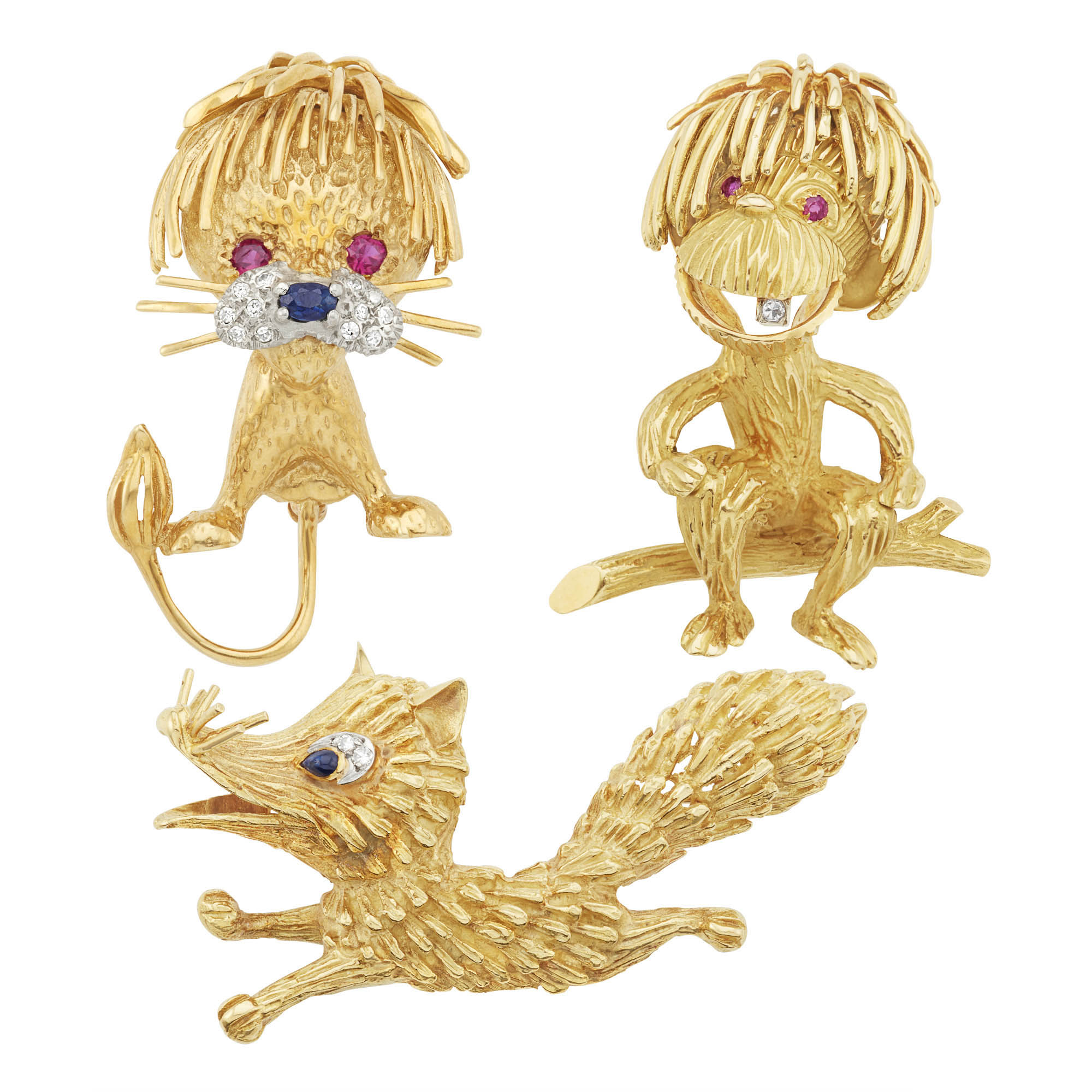 Lot image - Three Gold, Diamond and Gem-Set Lion, Monkey and Fox Brooches