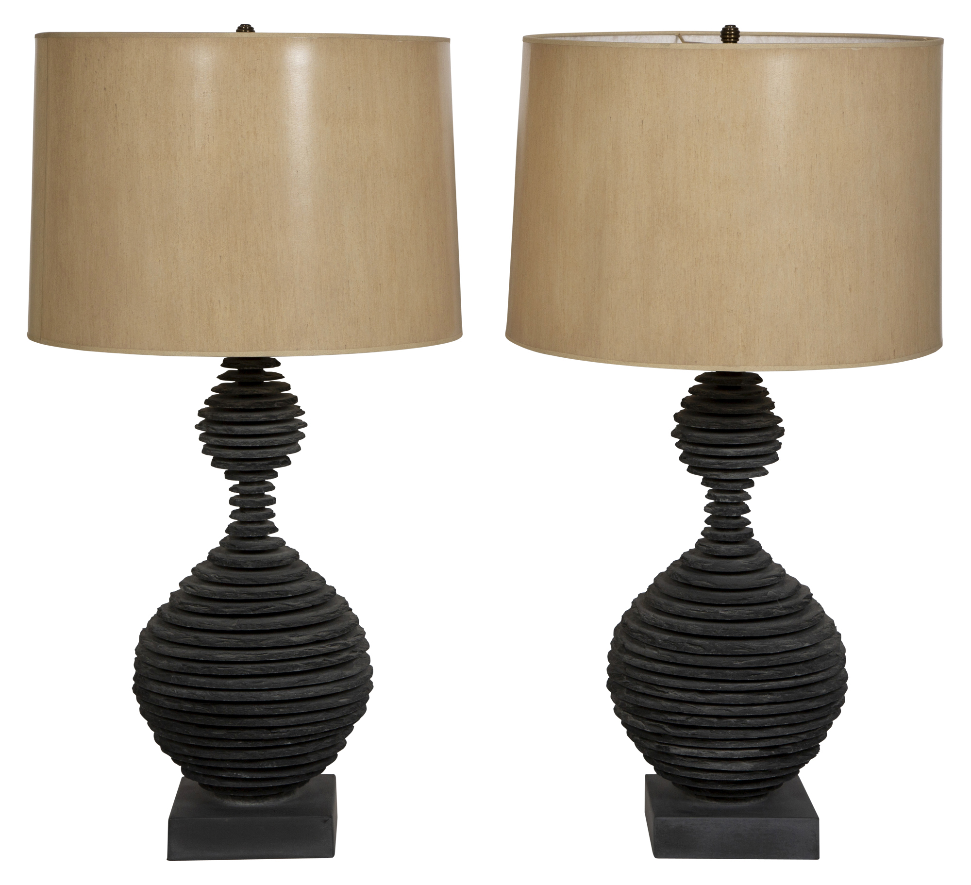 Lot image - Pair of Stacked Slate Disk Lamps