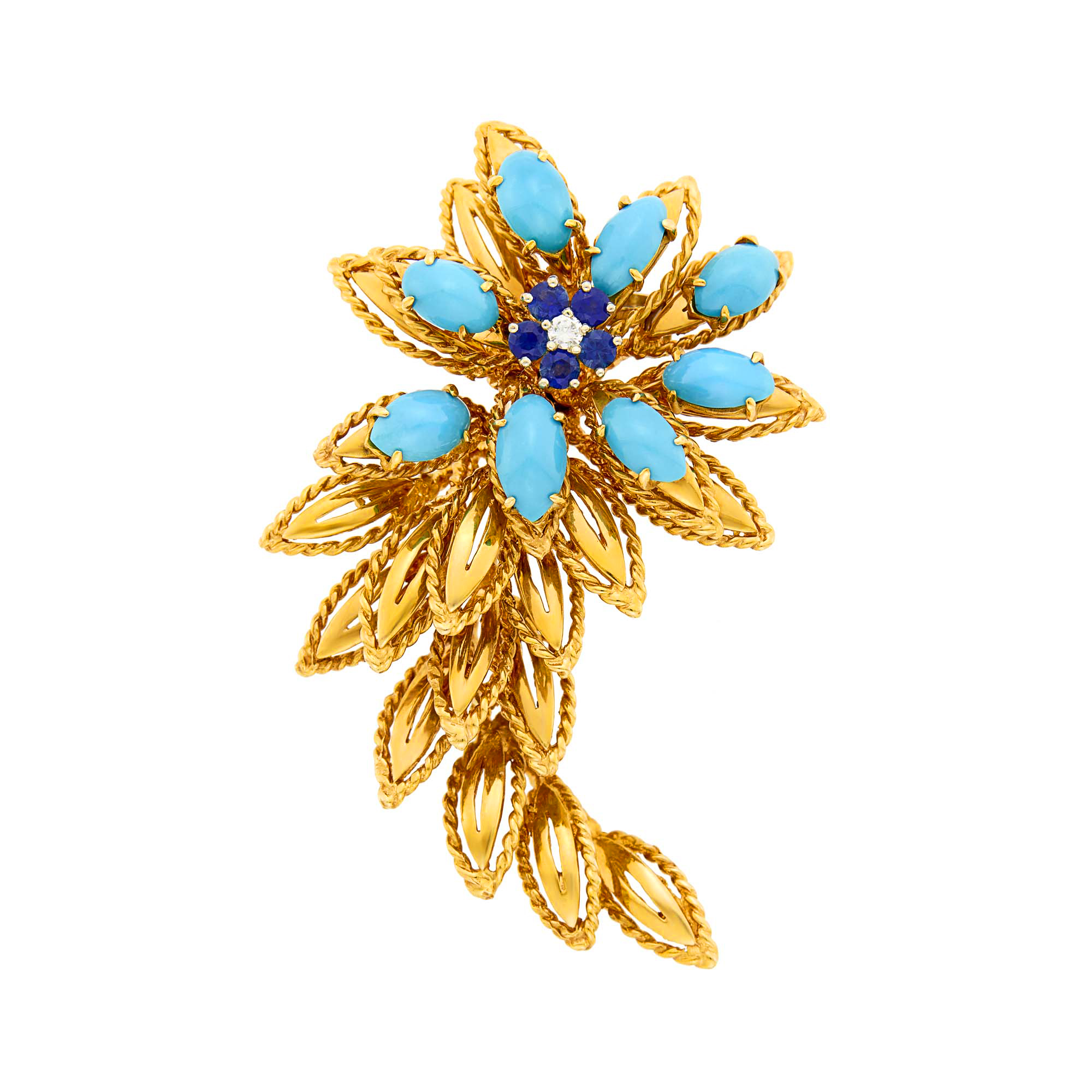 Lot image - Gold, Turquoise, Sapphire and Diamond Flower Clip-Brooch