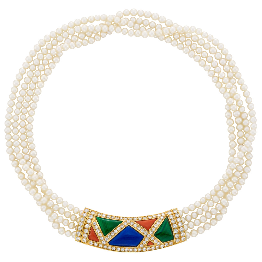 Lot image - Four Strand Cultured Pearl, Gold, Hardstone and Diamond Necklace, Van Cleef & Arpels