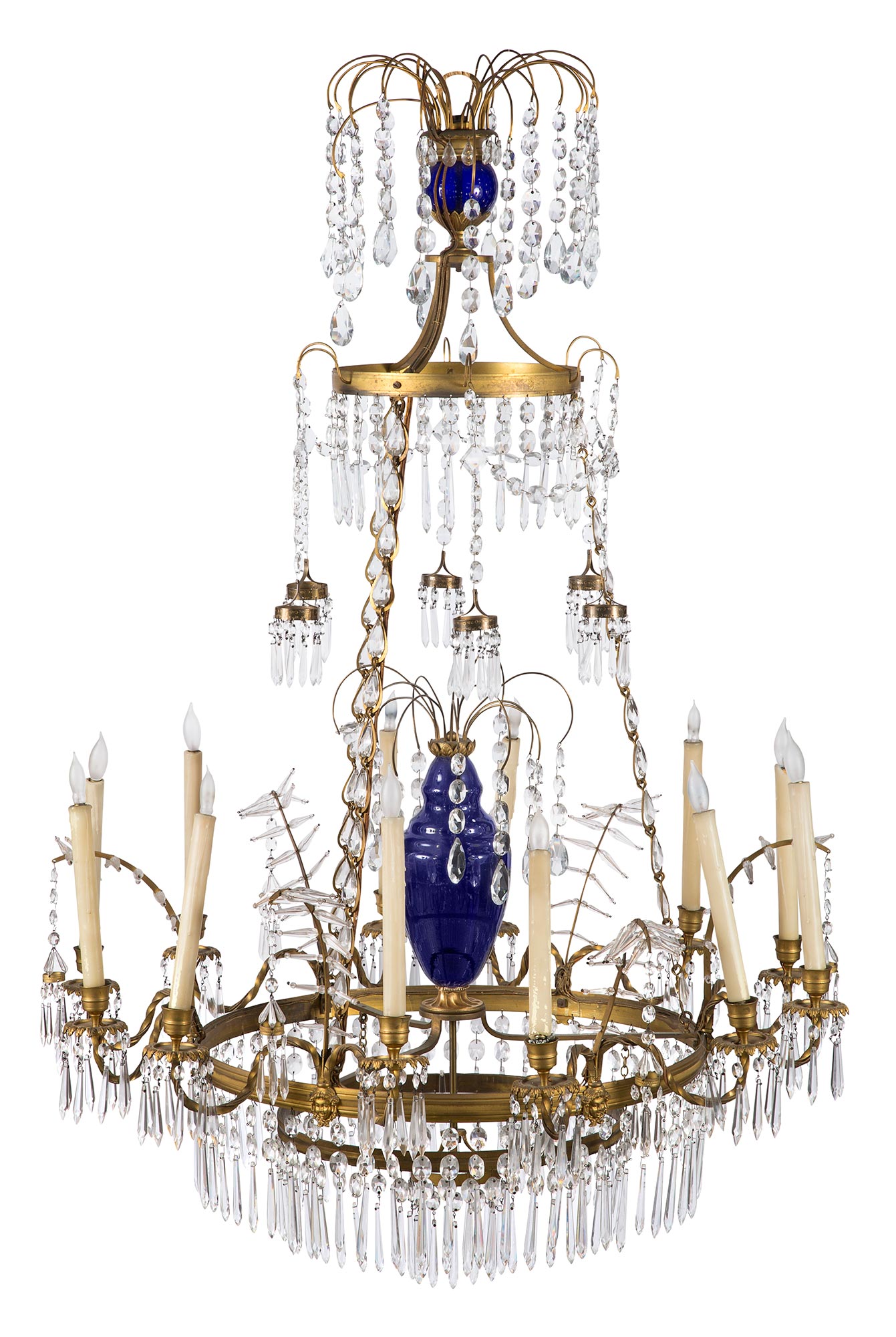 Lot image - Swedish Neoclassical Style Gilt-Metal and Clear- and Blue-Colored Cut-Glass Twelve-Light Chandelier