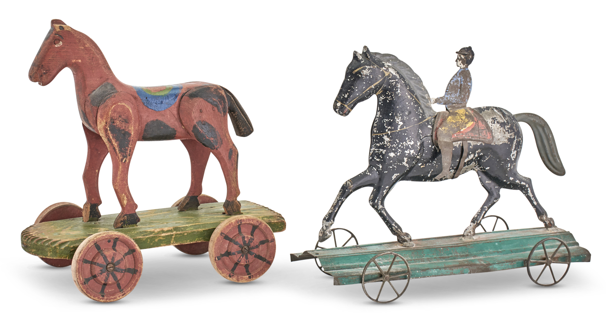 Lot image - Painted Tin Pull Toy of a Horse and Rider