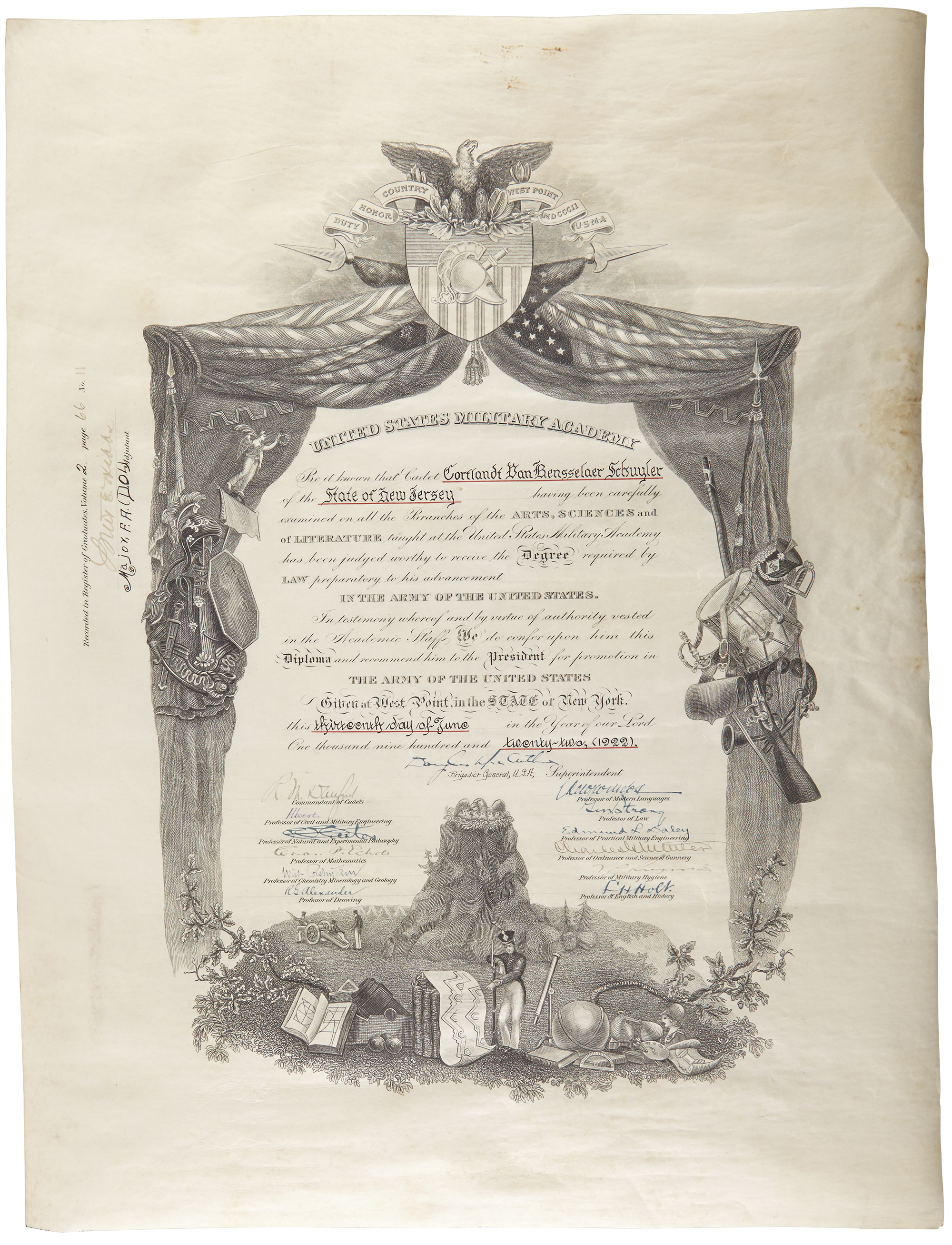 Lot image - MacARTHUR, DOUGLAS  Engraved United States Military Academy diploma signed.