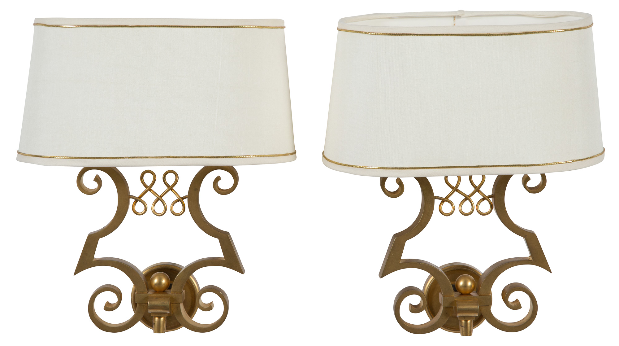 Lot image - Pair of Jules Leleu Gilt-Bronze Two-Light Wall Lights