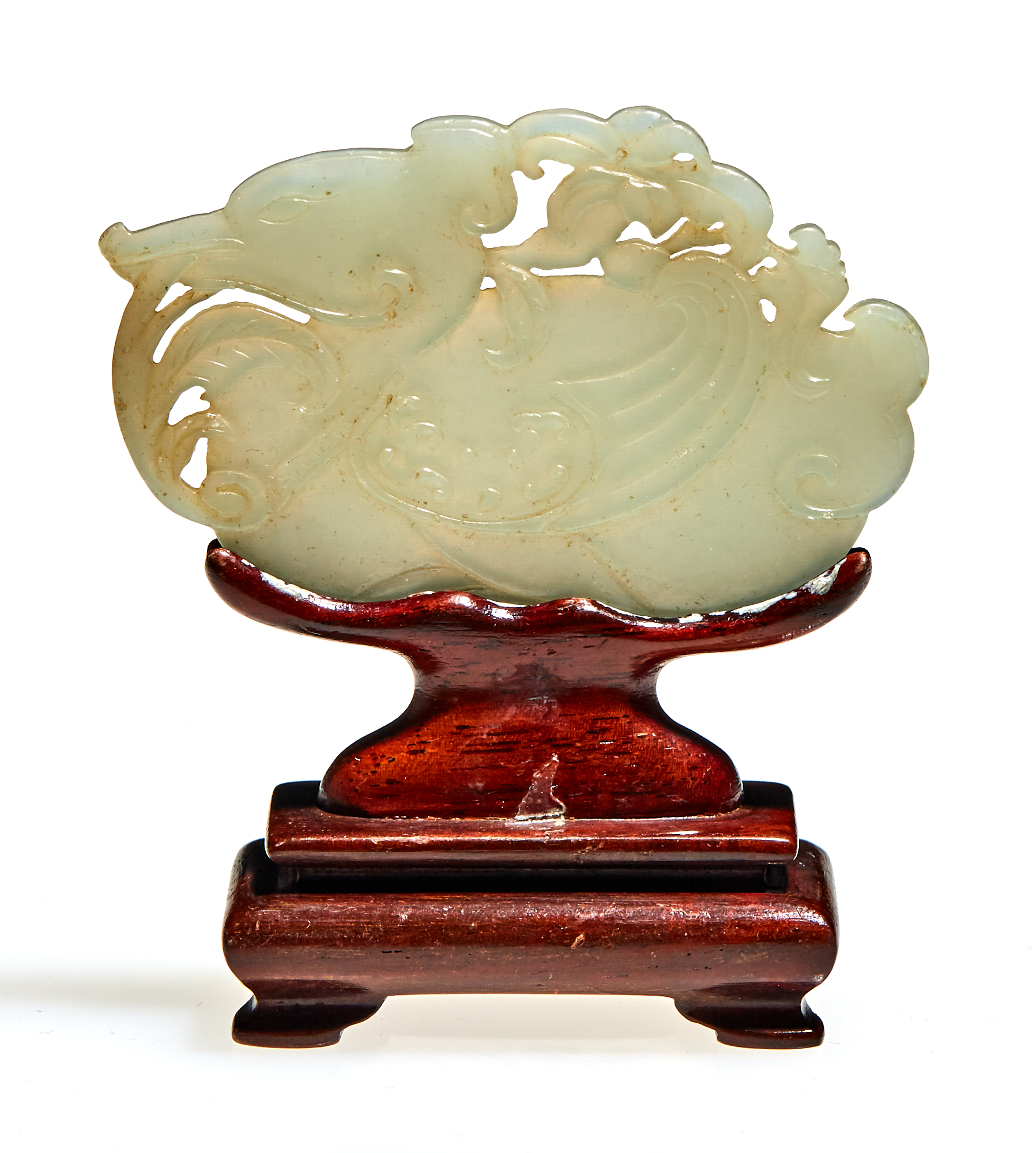 Lot image - A Chinese White Jade Pendant with Wood Stand