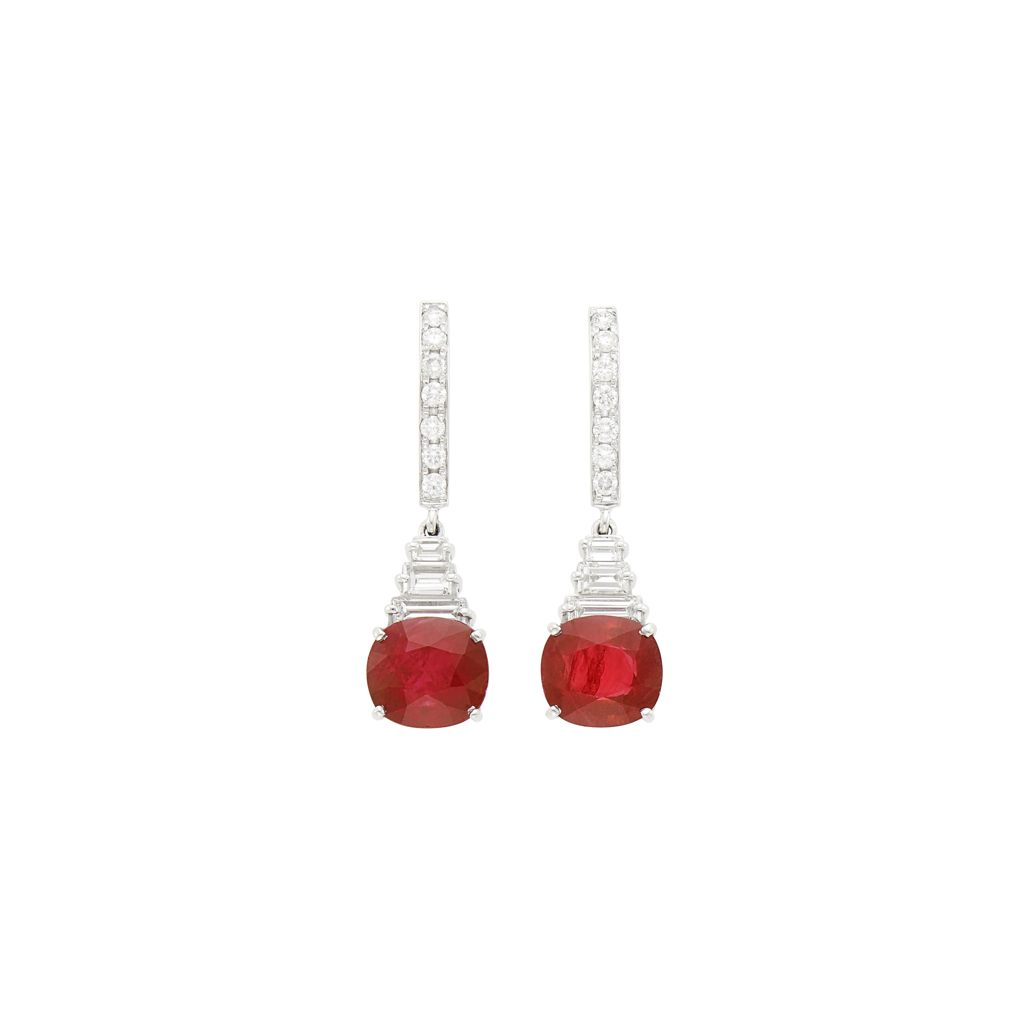 Lot image - Pair of Platinum, Ruby and Diamond Pendant-Earrings