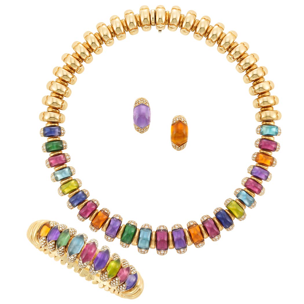 Lot image - Gold, Diamond and Cabochon Colored Stone 'Celtaura' Necklace, Bracelet and Pair of Earclips, Bulgari