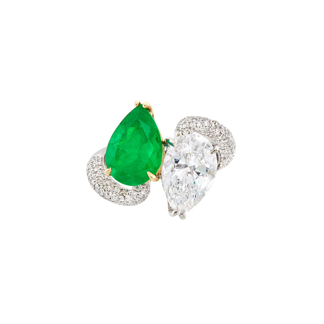 Lot image - White Gold, Gold, Diamond and Emerald Crossover Ring
