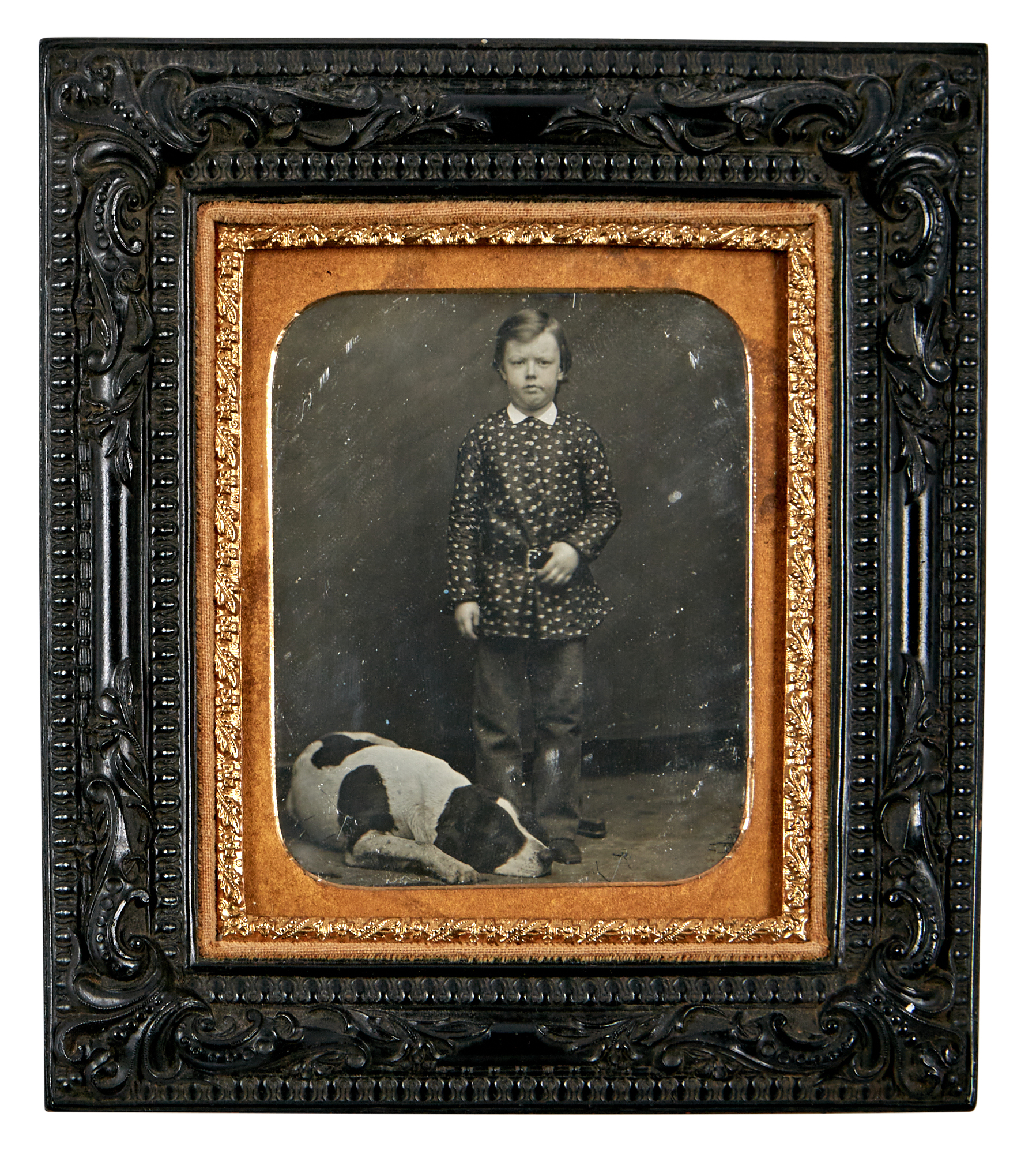 Lot image - [DAGUERREOTYPE-ANIMAL]  Daguerreotype of a boy and his dog.