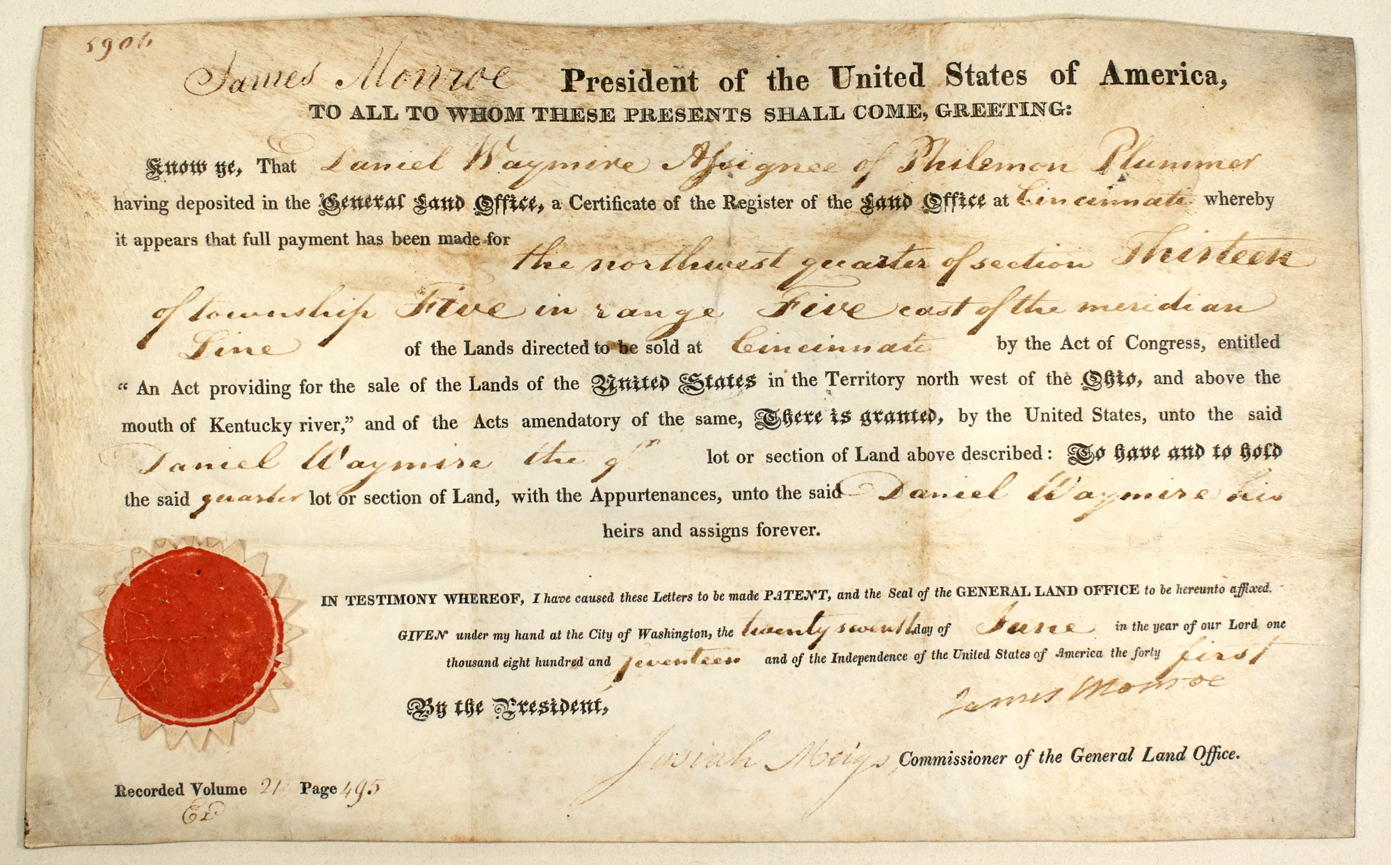 Lot image - MONROE, JAMES  Land grant signed as President.