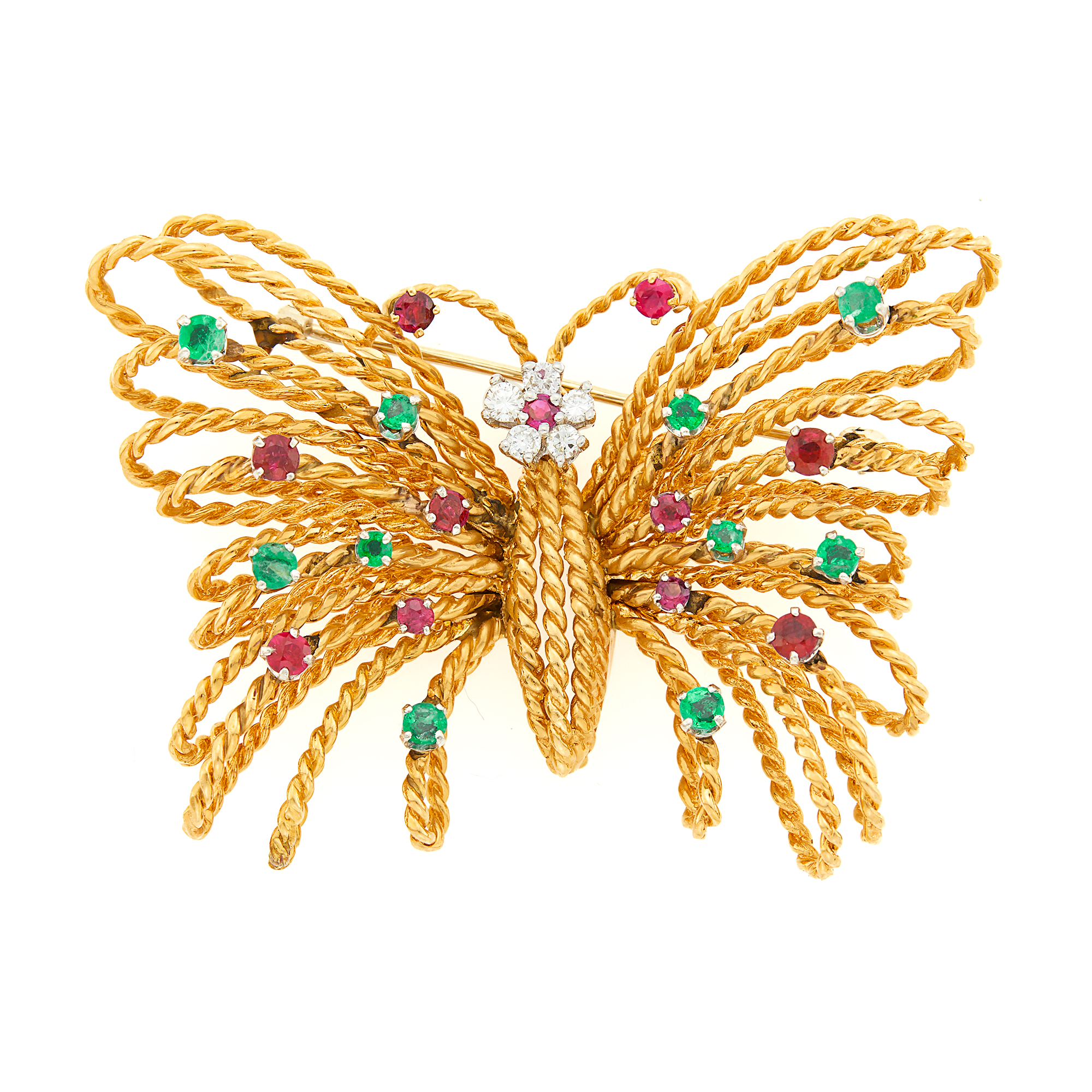 Lot image - Gold, Ruby, Emerald and Diamond Butterfly Pendant-Brooch