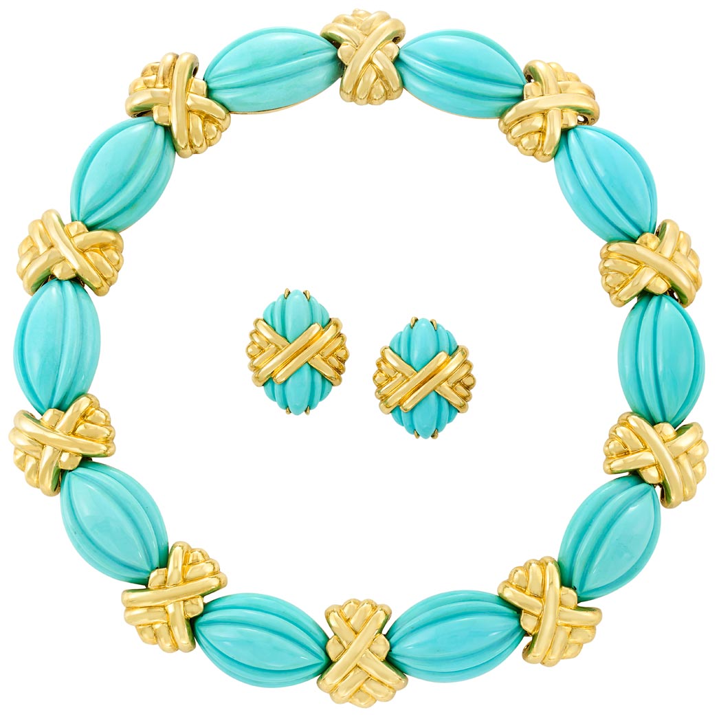 Lot image - Gold and Carved Turquoise Necklace and Pair of Earclips