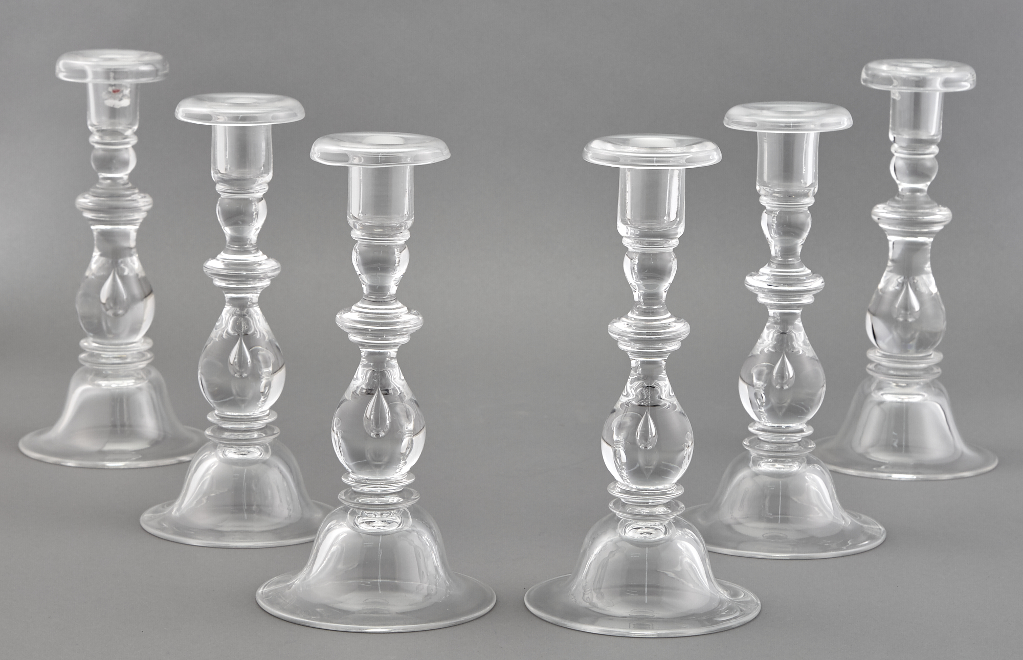 Lot image - Set of Six Steuben Glass Baluster Teardrop Candlesticks