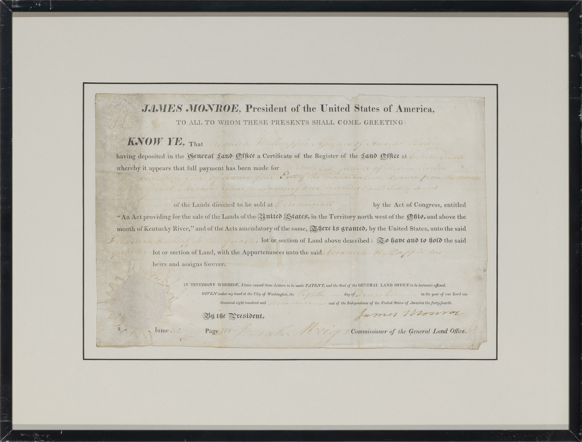 Lot image - MONROE, JAMES  Land grant signed as President.