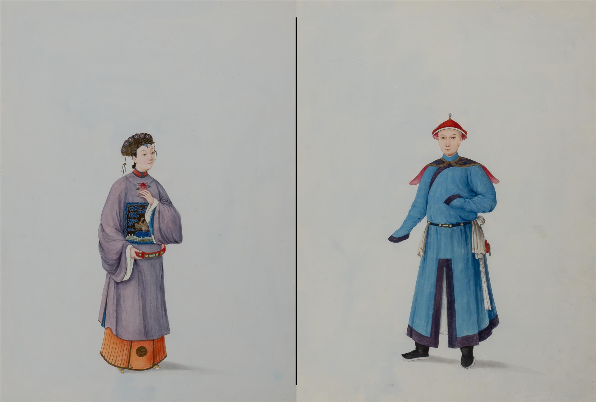 Lot image - Pair of Chinese Figural Watercolors on Paper