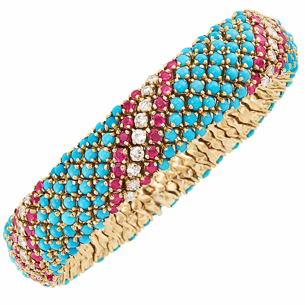 Lot image - Gold, Turquoise, Ruby and Diamond Bracelet
