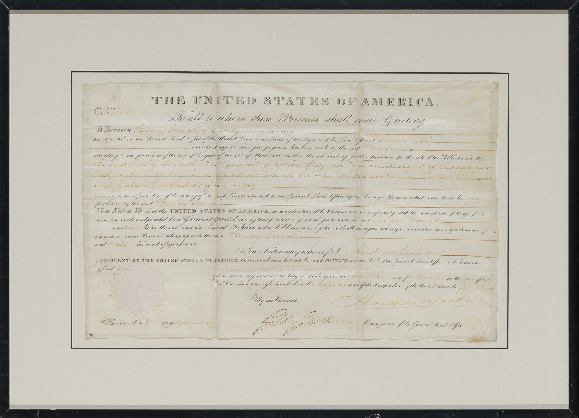 Lot image - JACKSON, ANDREW  Land grant signed as President.