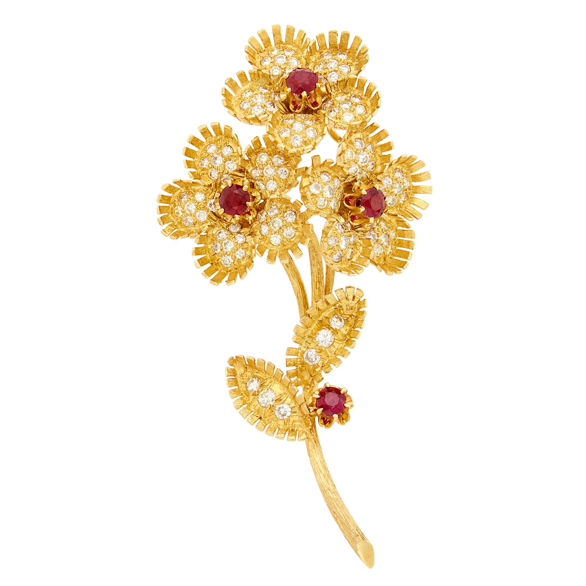 Lot image - Gold, Ruby and Diamond Flower Clip-Brooch