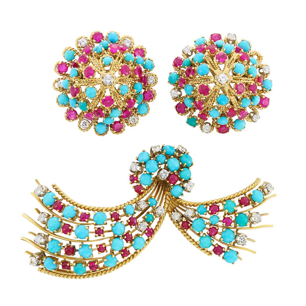 Lot image - Gold, Turquoise, Ruby, Cabochon Ruby and Diamond Brooch and Pair of Earclips, Nardi