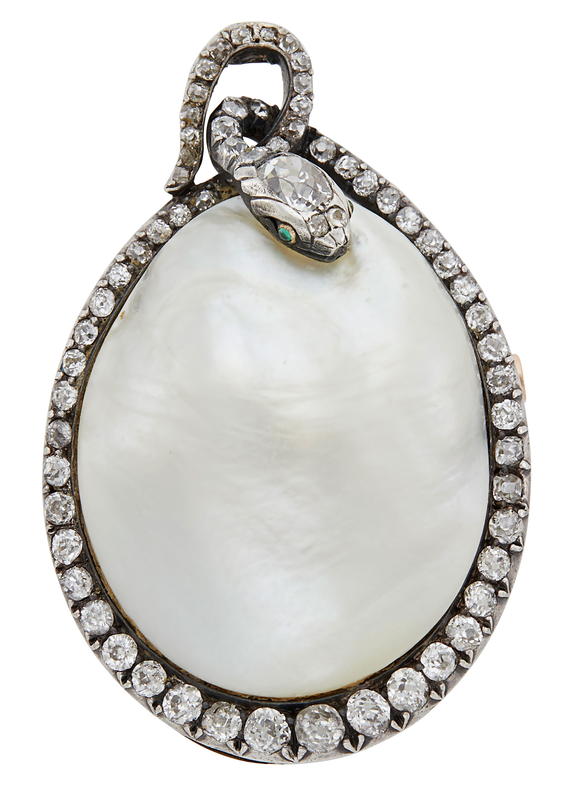 Lot image - Russian Silver-Topped Gold, Diamond and Blister Pearl Brooch