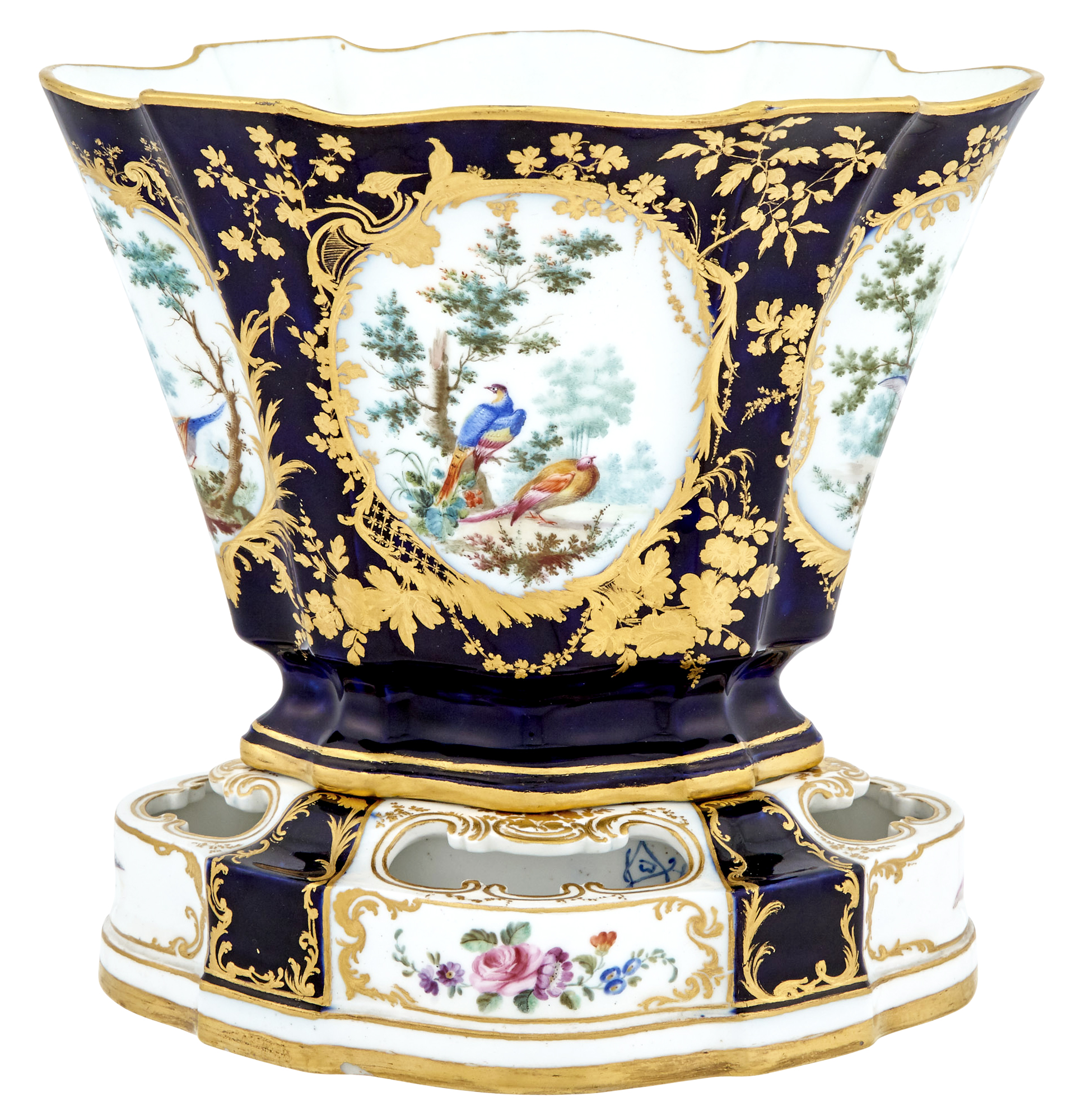 Lot image - Vincennes Porcelain Fond Bleu Lapis Jardiniere on Stand (Vase Hollandois, 2eme Grandeur)