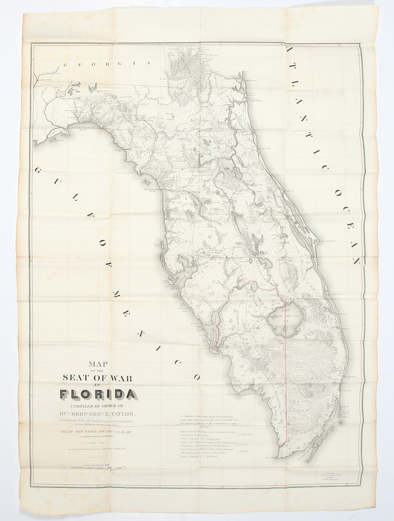 Lot image - [MAP-FLORIDA]  Map of the Seat of War in Florida Compiled by Order of Bvt. Brigr. Genl. Z. Taylor, Principally from the Surveys and Reconnaissances of the Officers of the U.S. Army,  drawn by Capt. John Mackay and Lieut. J.E. Blake.