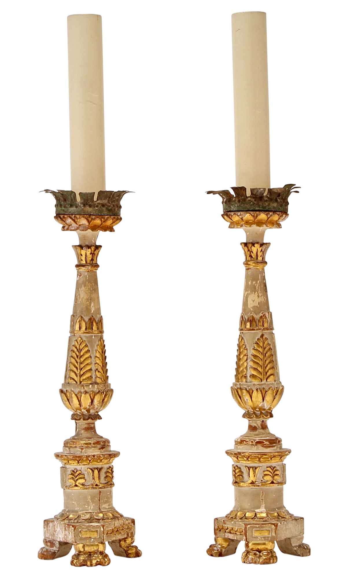 Lot image - Pair of Italian Neoclassical Painted and Parcel-Gilt Altar Sticks