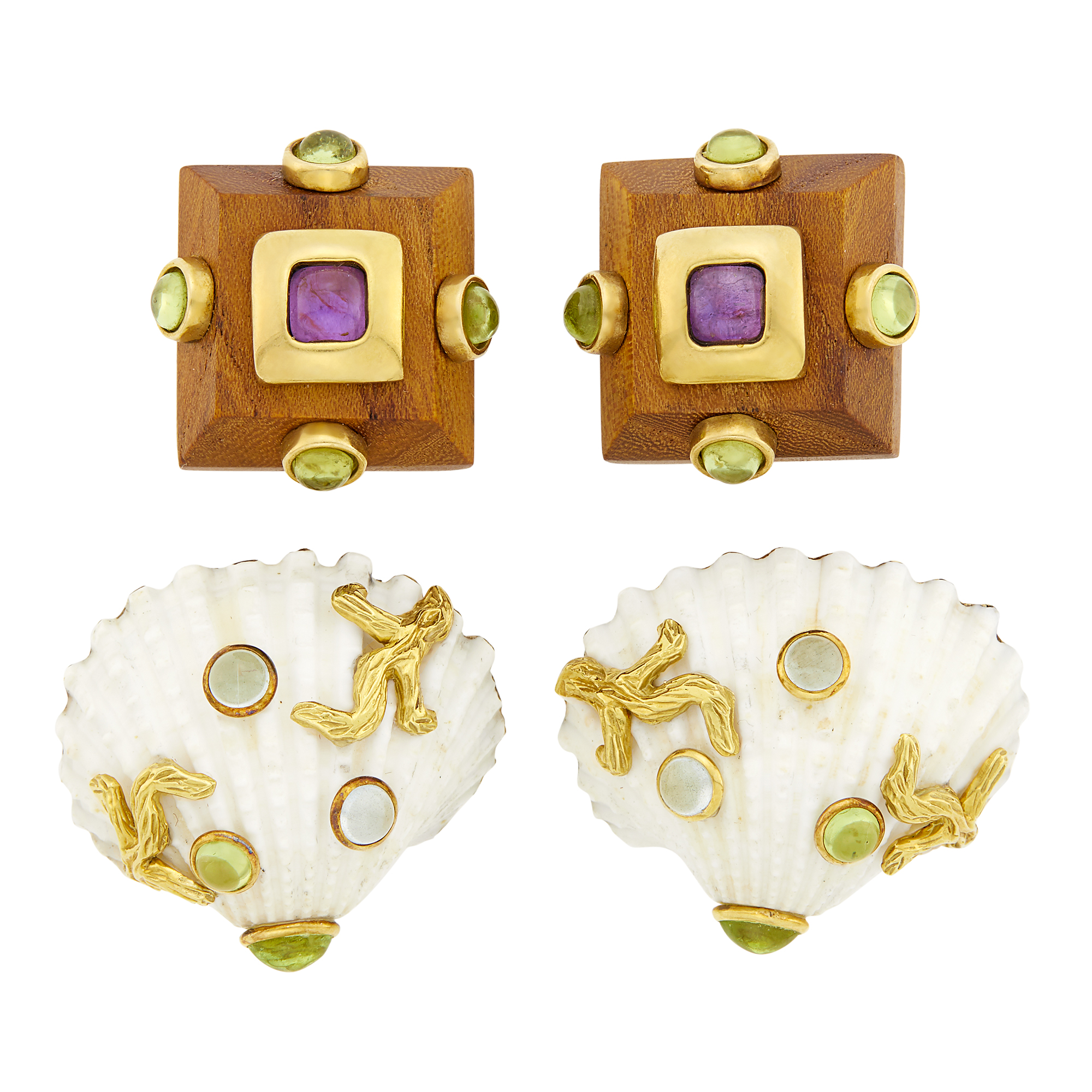 Lot image - Maz Pair of Gold, Shell and Cabochon Colored Stone Earclips and LOree du Bois Pair of Gold, Wood and Cabochon Colored Stone Earclips