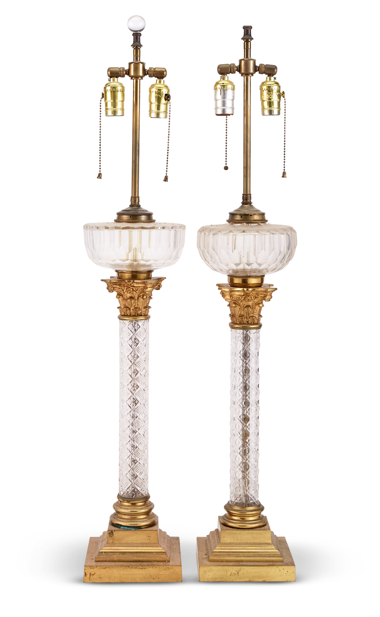 Lot image - Pair of Neoclassical Style Gilt-Metal Mounted Cut Glass Lamps