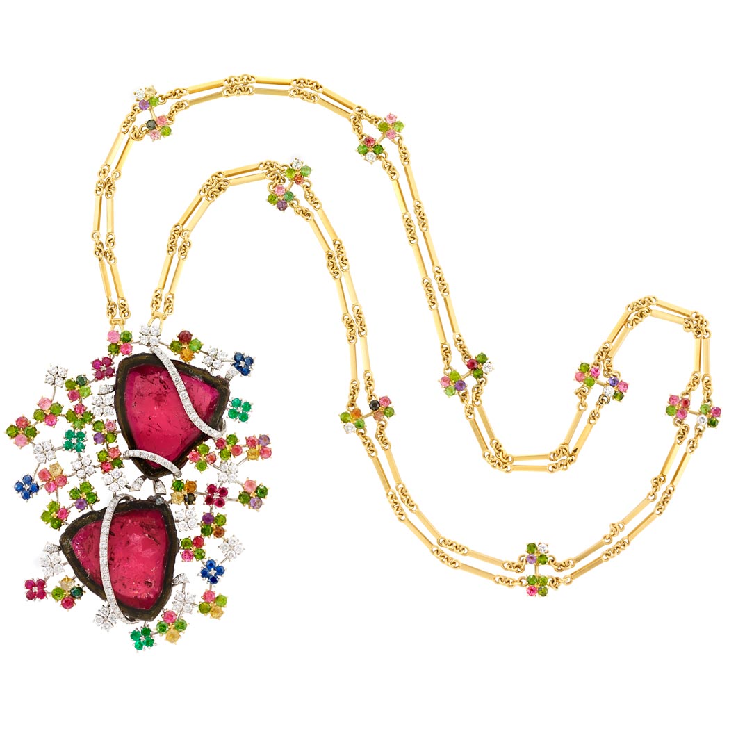 Lot image - Two-Color Gold, Sliced Watermelon Tourmaline, Multicolored Stone and Diamond Pendant-Necklace
