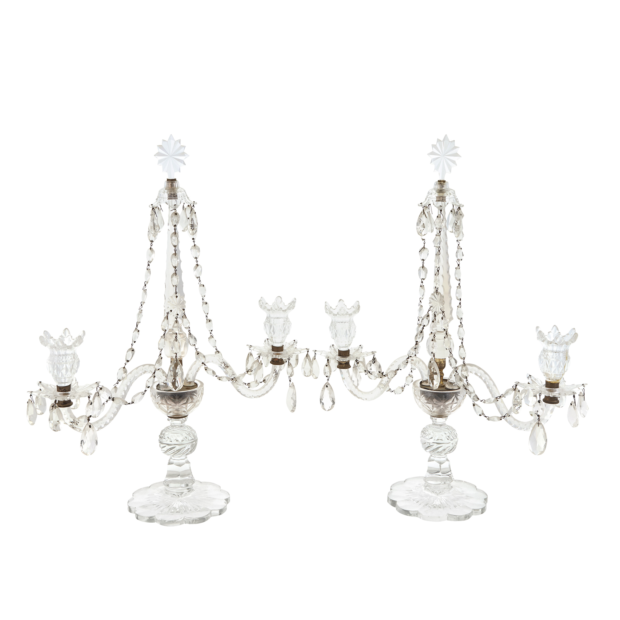 Lot image - Pair of George III Style Cut Glass Two-Light Girandole Candelabra