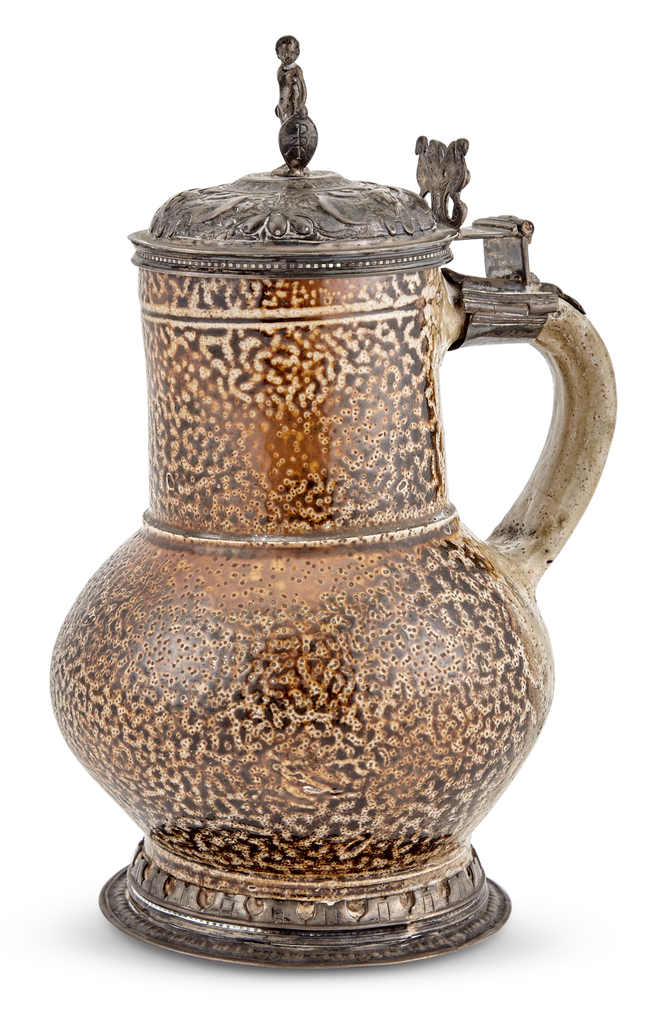 Lot image - Elizabeth I Silver-Mounted Rhenish Saltglazed Tigerware Jug