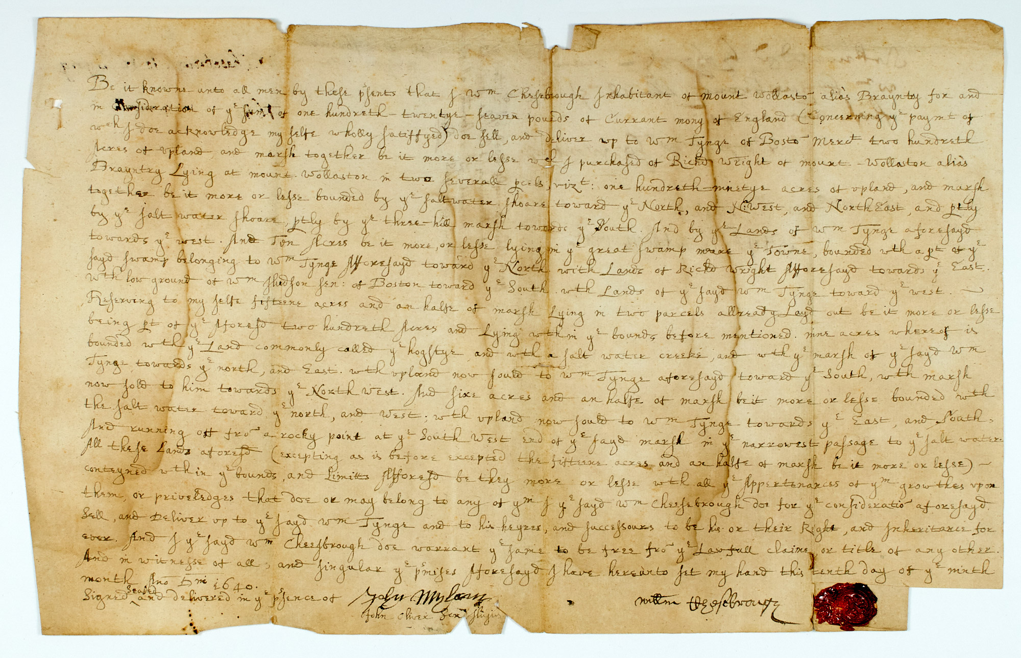 Lot image - WINTHROP, JOHN  Endorsing signature on 1640 document for land in Mount Wollaston alias Brayntry.