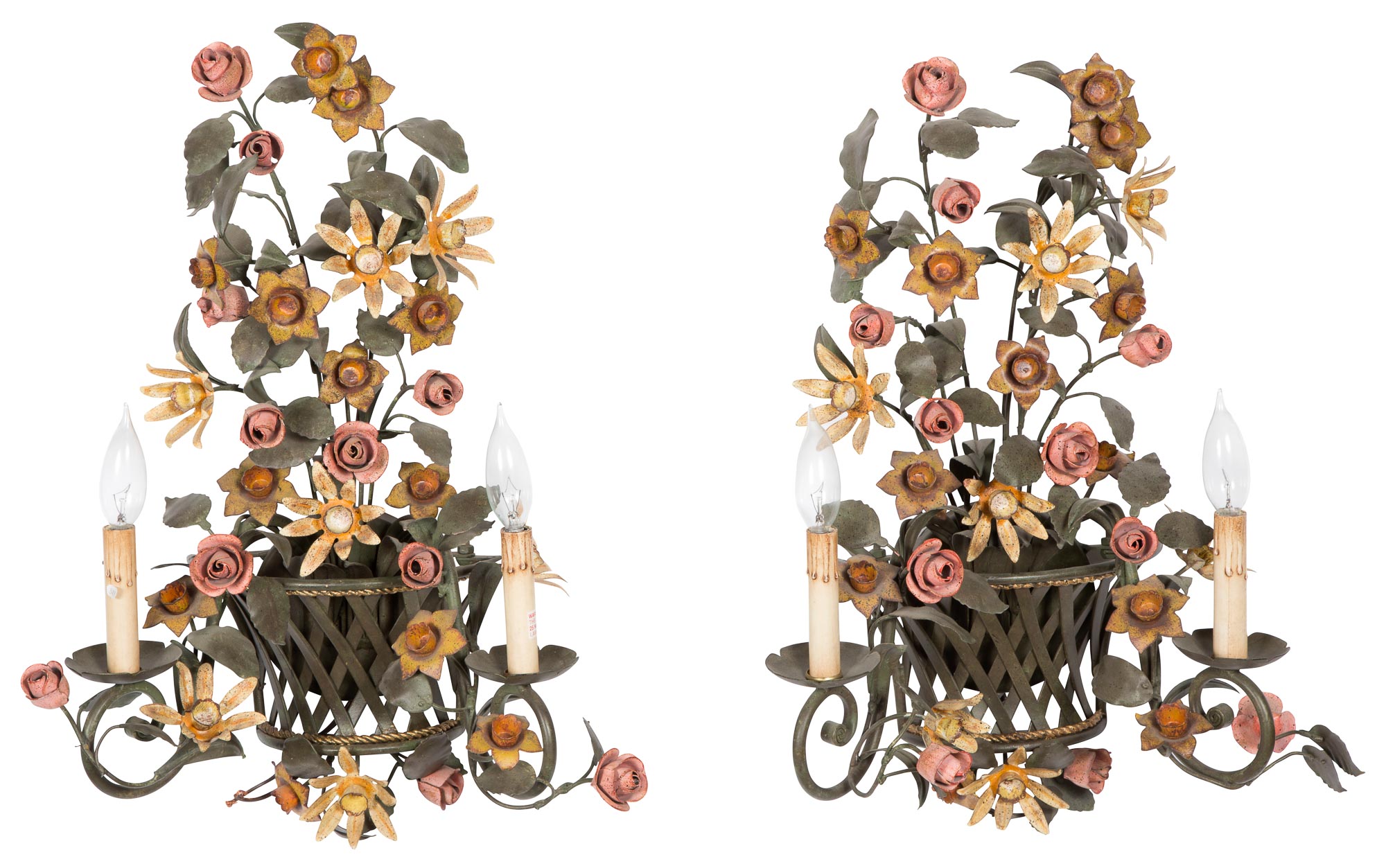 Lot image - Pair of Tôle Painted Two-Light Flower Basket Sconces