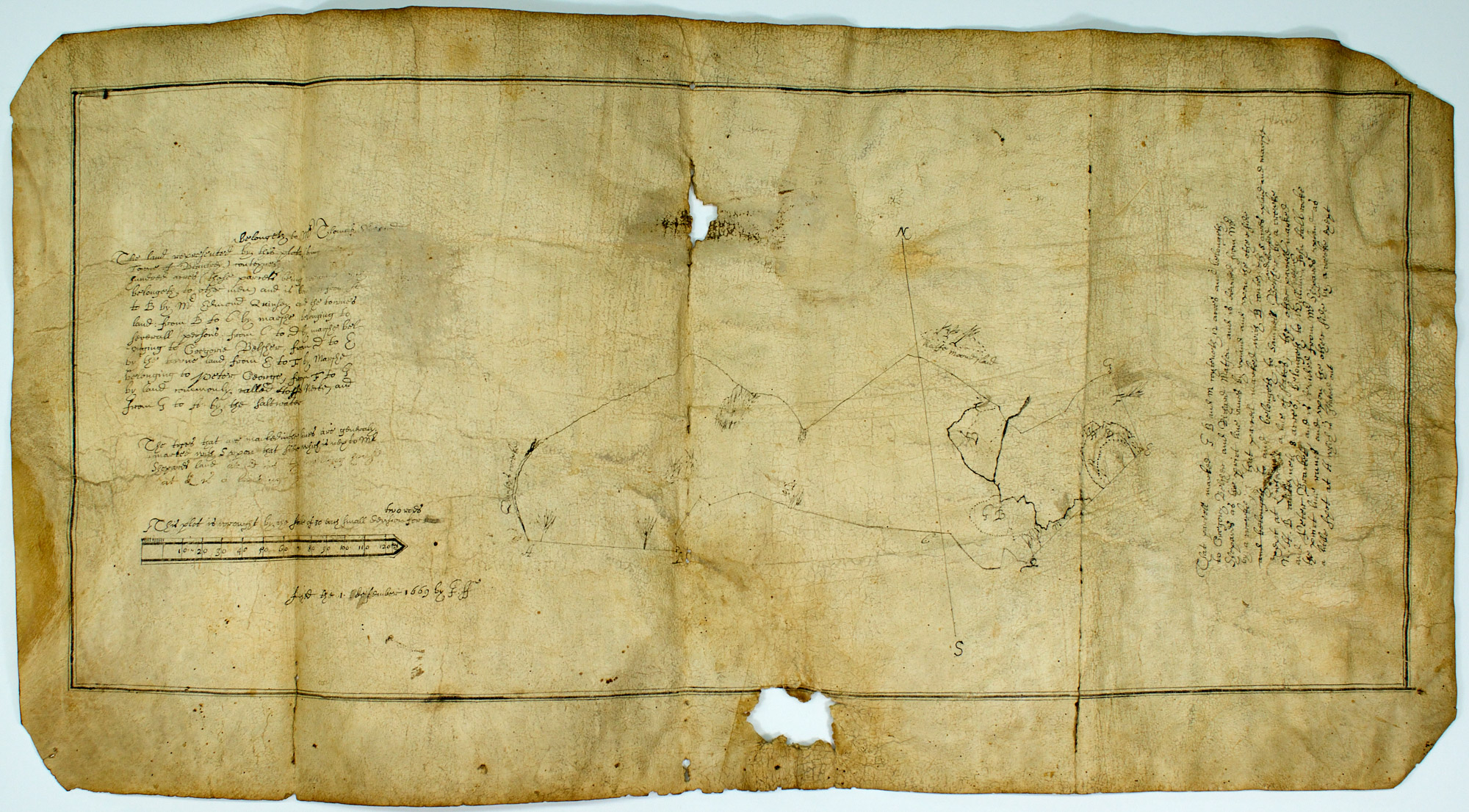 Lot image - [MASSACHUSETTS BAY COLONY]  Plat map for Mount Wollaston Farm, Braintree, Massachusetts-Bay Colony, dated 1669.