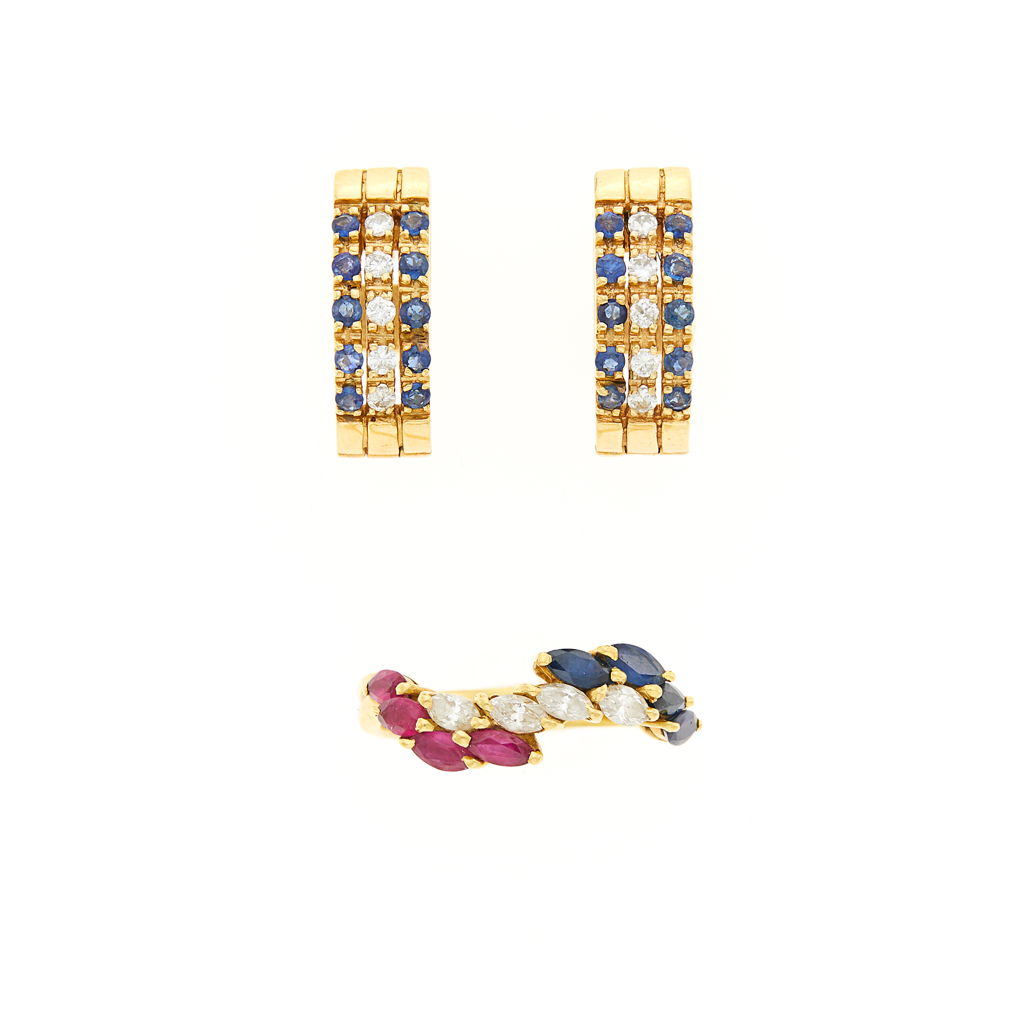 Lot image - White Gold, Ruby, Sapphire and Diamond Ring and Pair of Gold Huggie Earrings
