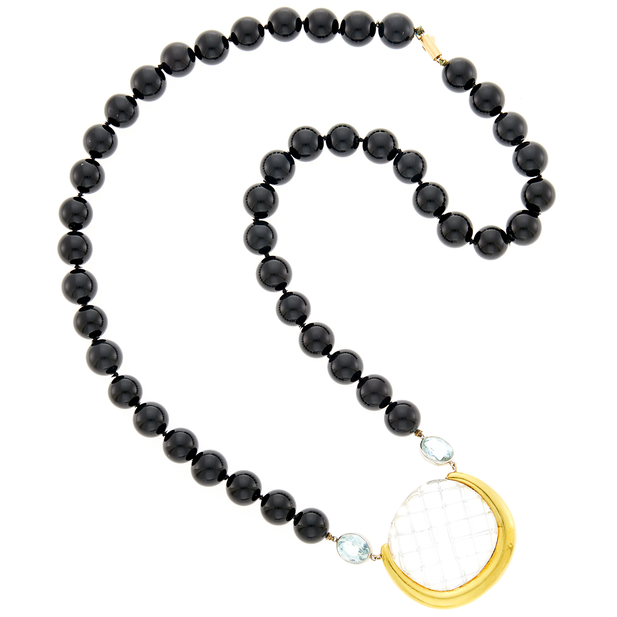 Lot image - Black Onyx Bead and Aquamarine Necklace with Aldo Cipullo Gold and Carved Rock Crystal Pendant
