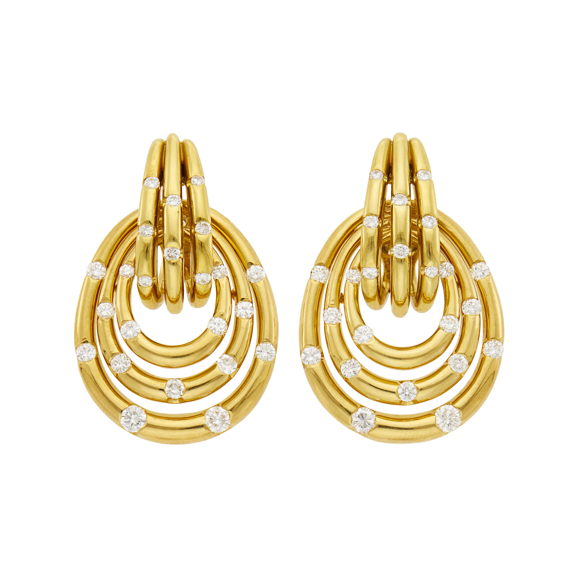 Lot image - Pair of Gold and Diamond Hoop Pendant-Earrings with Interchangeable Malachite and Turquoise Pendants