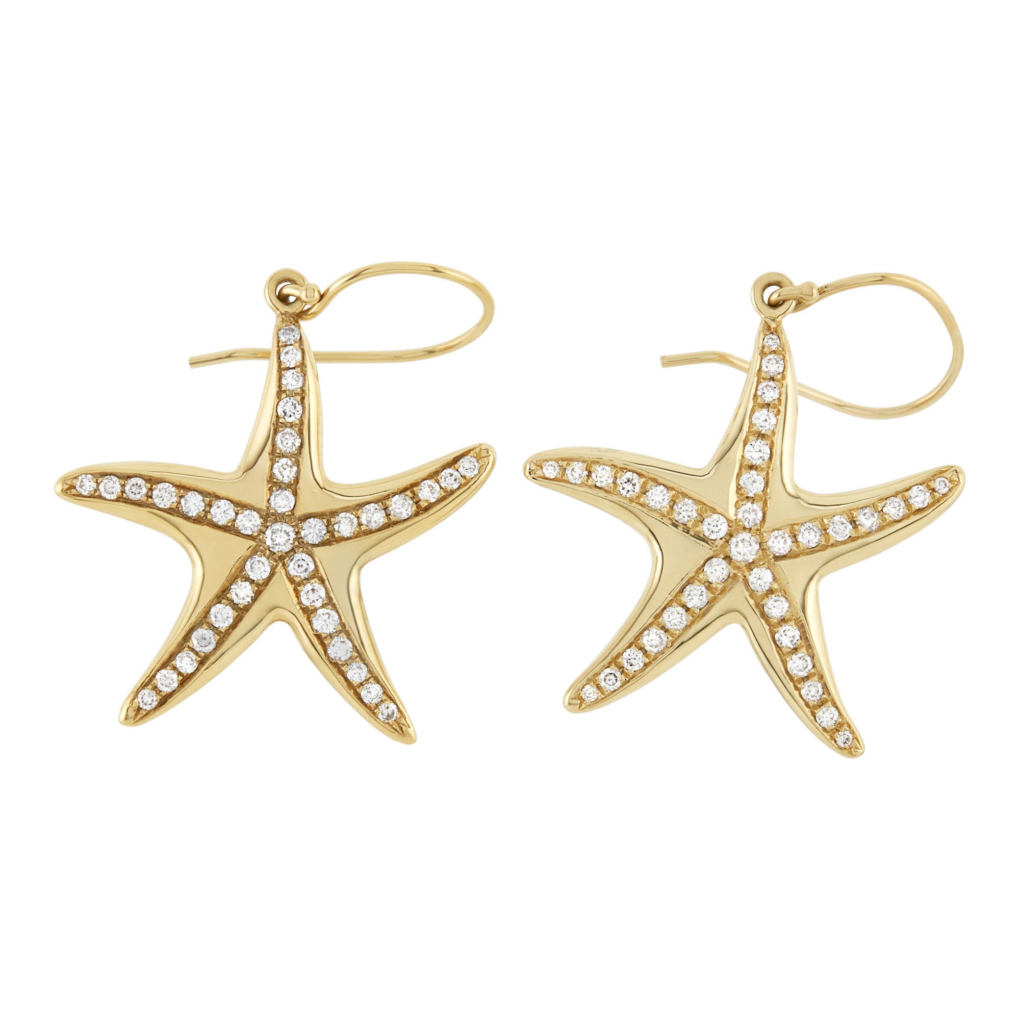 Lot image - Pair of Gold and Diamond Starfish Pendant Earrings